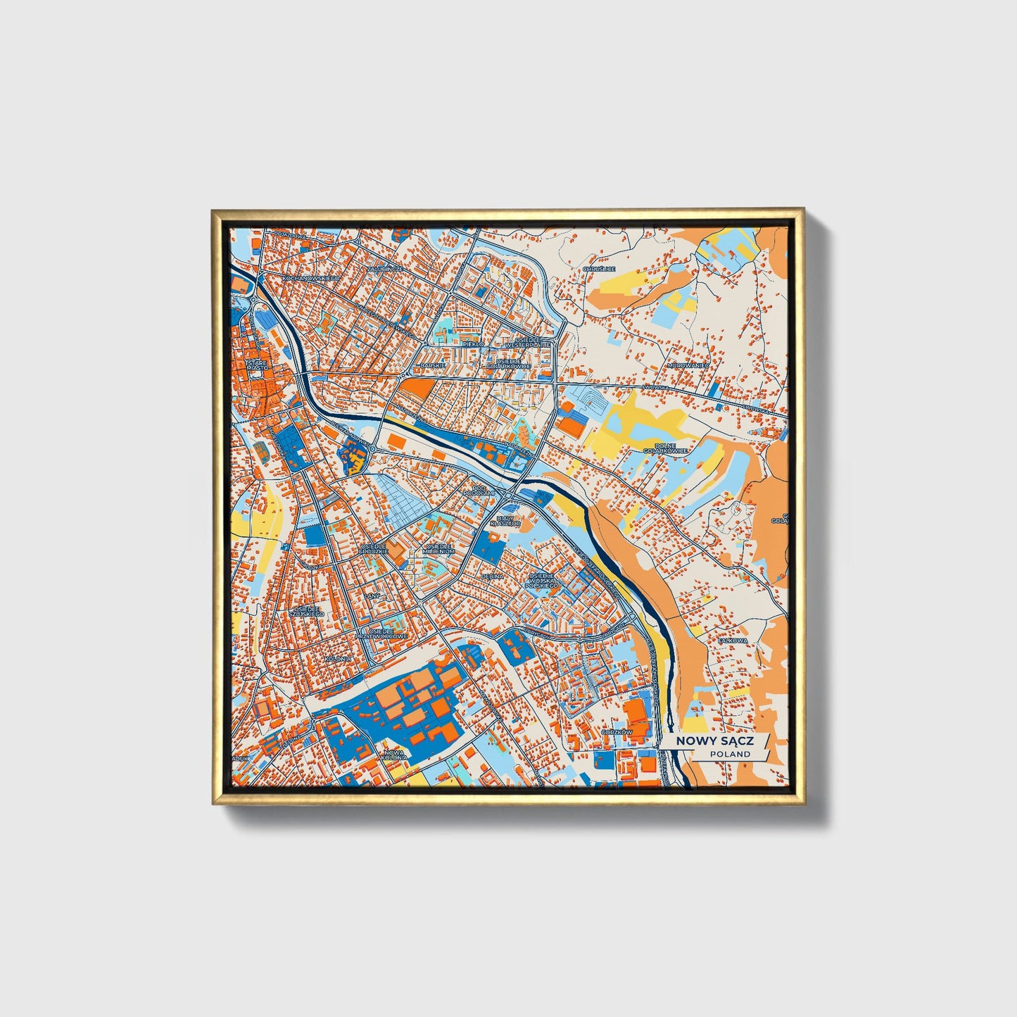 Nowy Sącz Poland Colorful City Map Canvas Print • Gold Framed