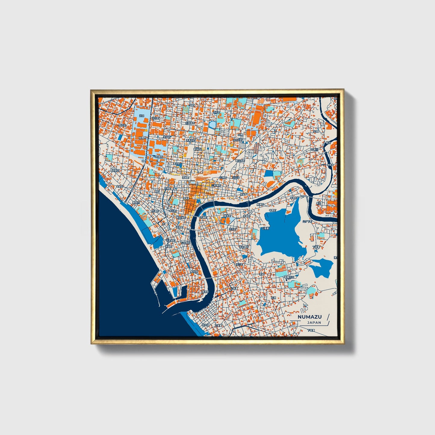 Numazu Japan Colorful City Map Canvas Print • Gold Framed