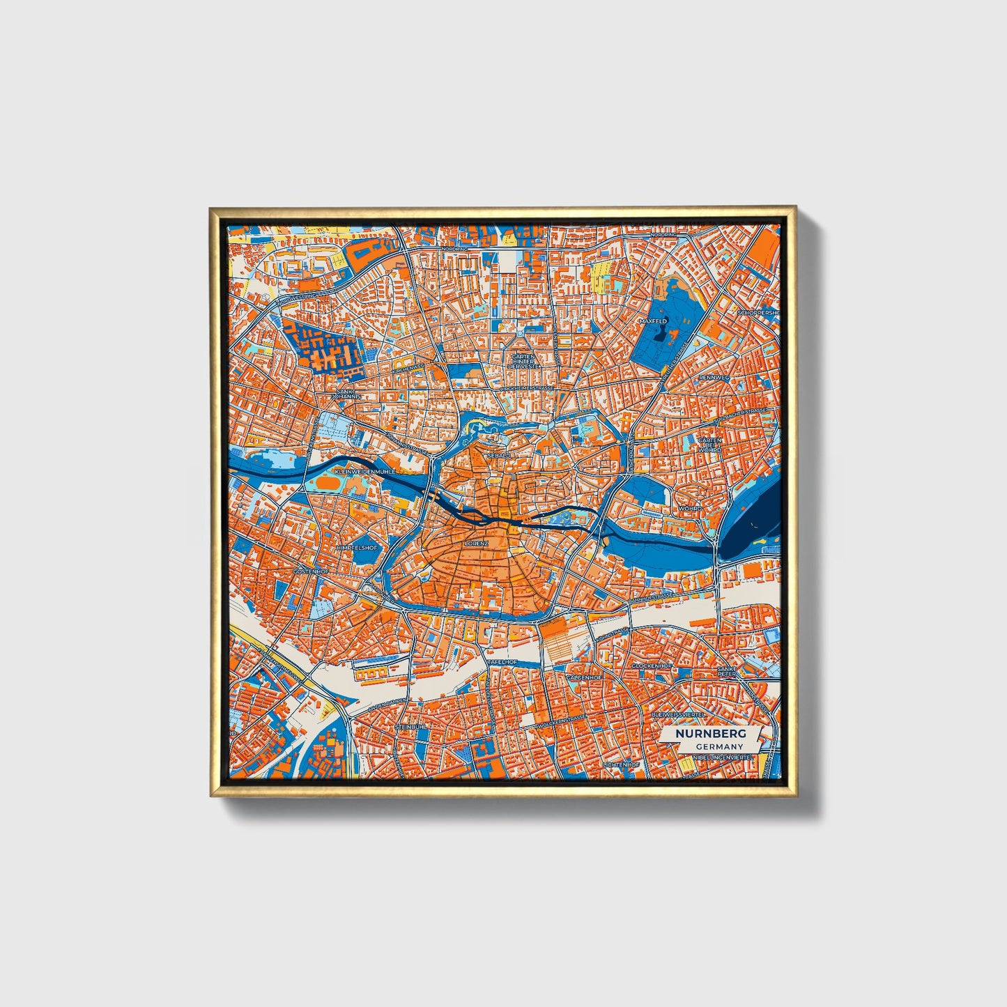 Nürnberg Germany Colorful City Map Canvas Print • Gold Framed