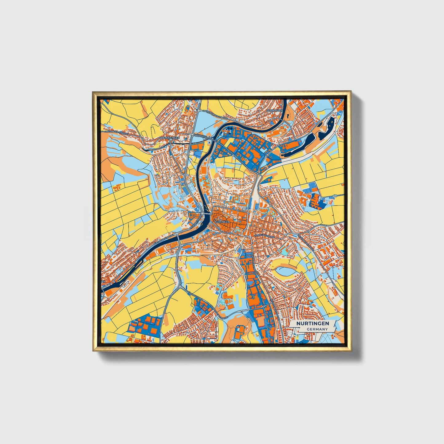 Nürtingen Germany Colorful City Map Canvas Print • Gold Framed