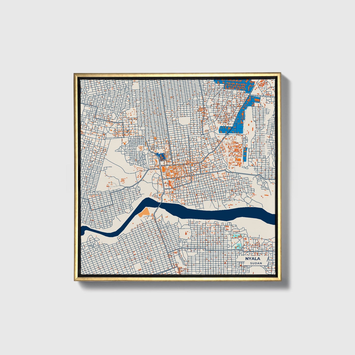 Nyala Sudan Colorful City Map Canvas Print • Gold Framed