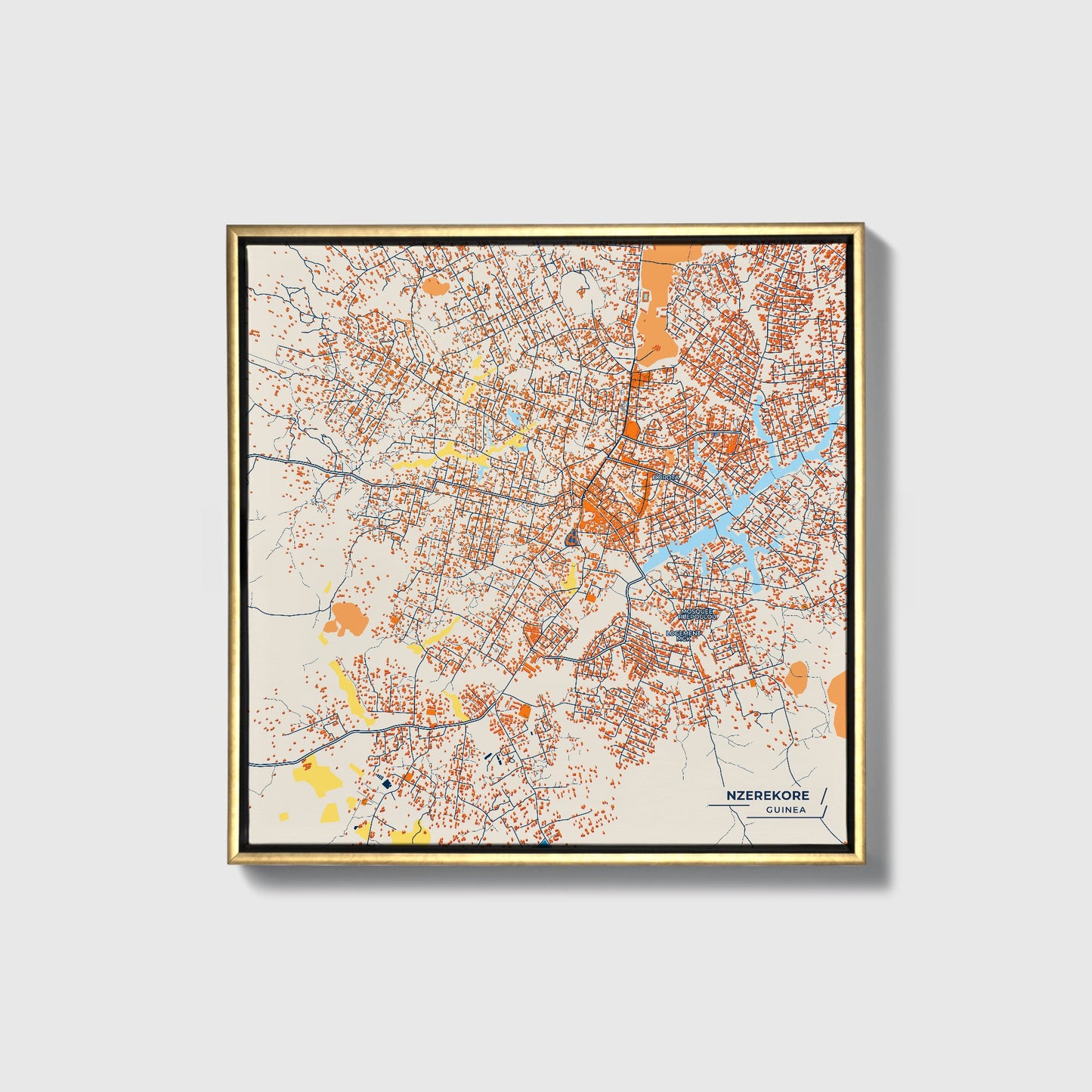Nzerekore Guinea Colorful City Map Canvas Print • Gold Framed