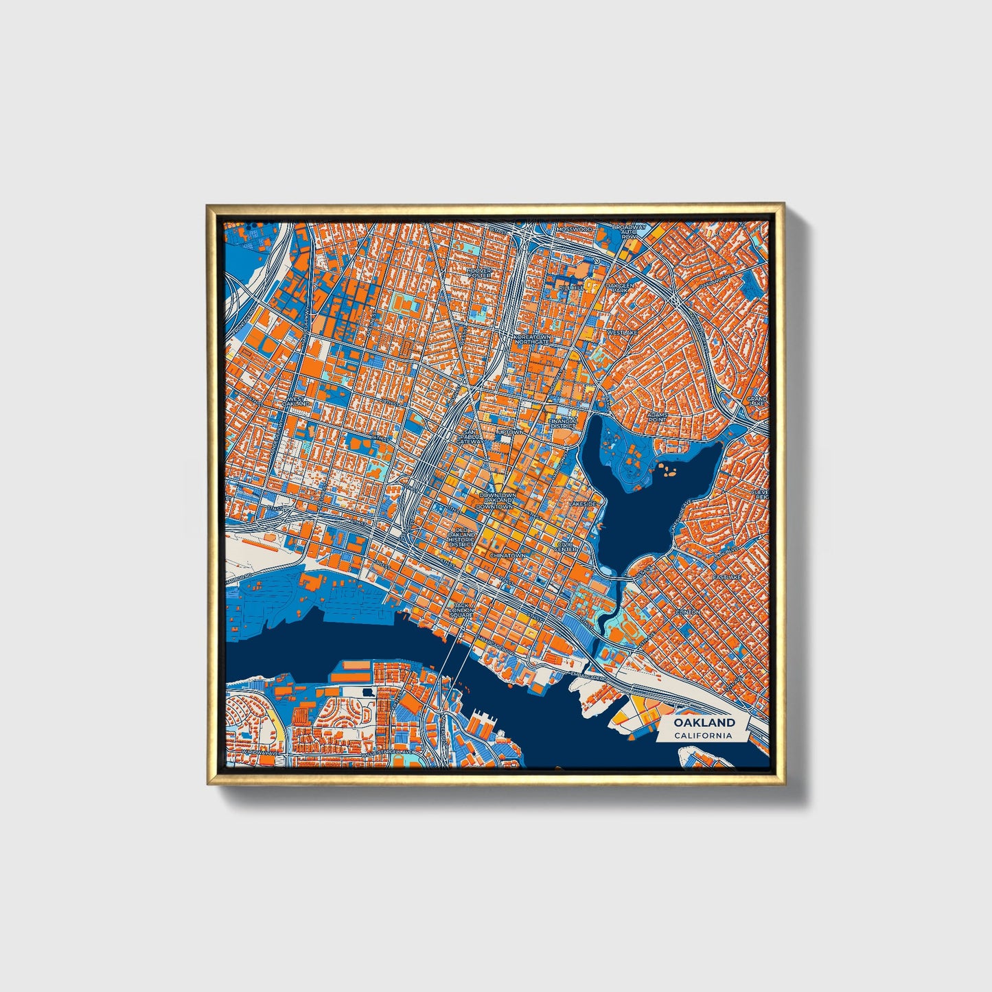 Oakland California Colorful City Map Canvas Print • Gold Framed