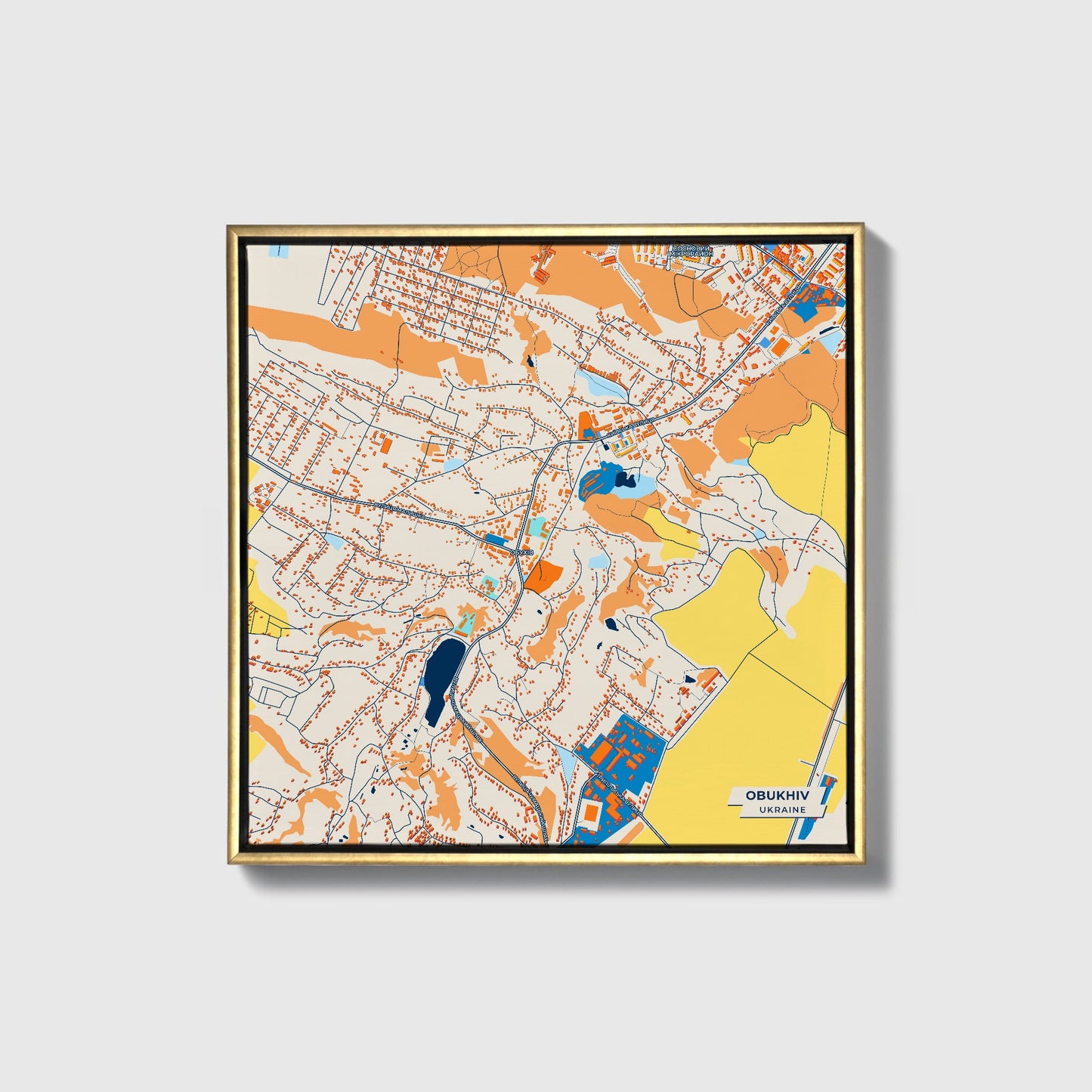 Обухів Ukraine Colorful City Map Canvas Print • Gold Framed
