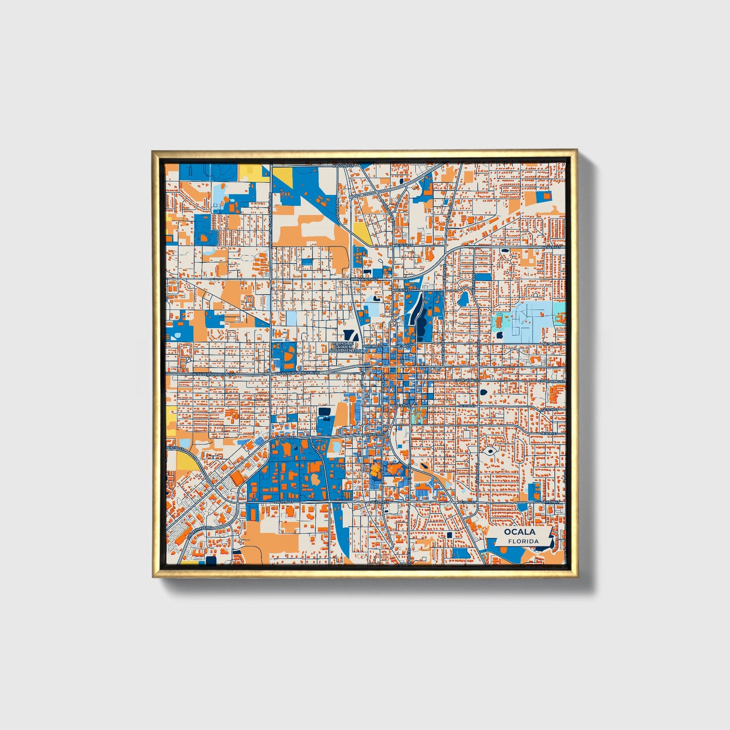 Ocala Florida Colorful City Map Canvas Print • Gold Framed