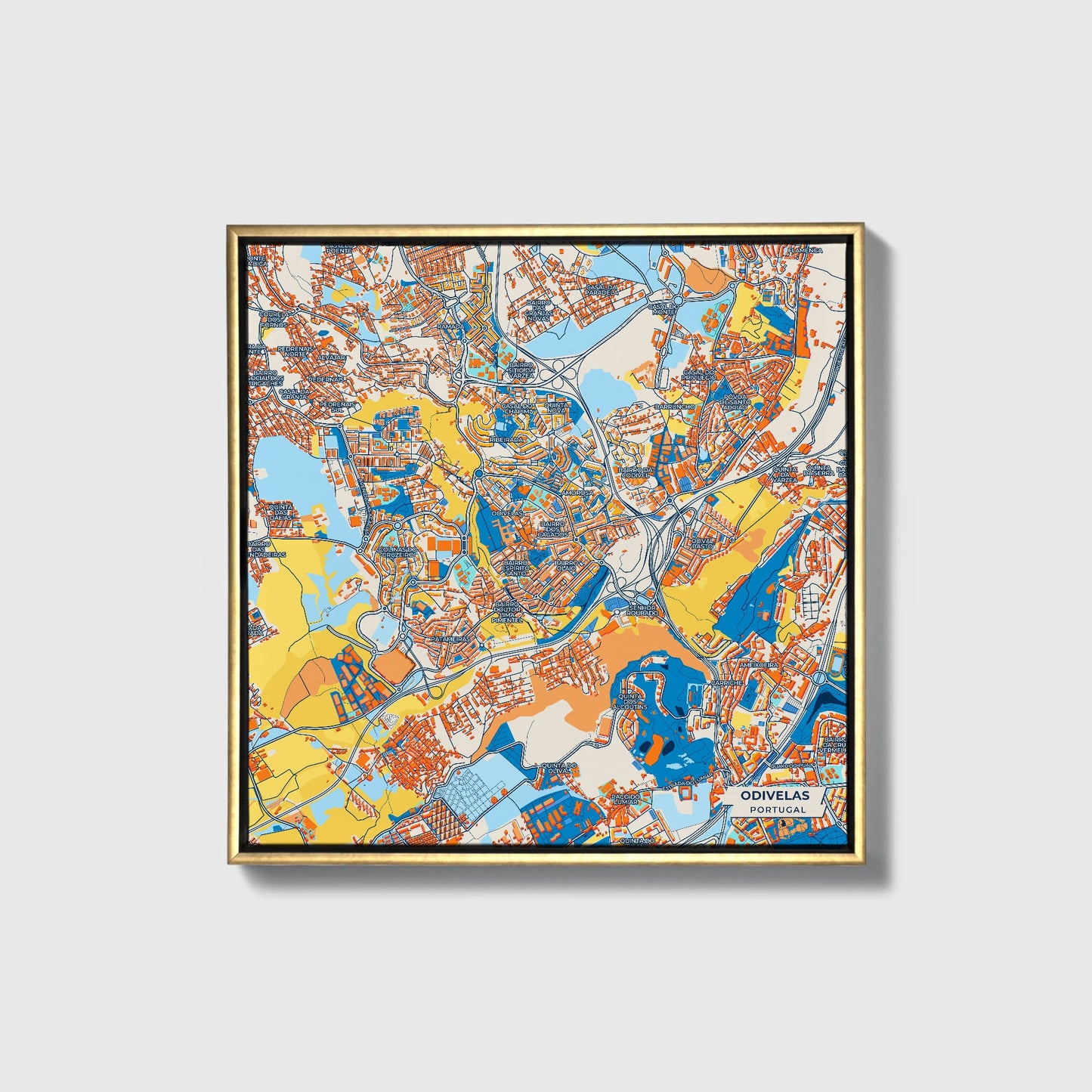 Odivelas Portugal Colorful City Map Canvas Print • Gold Framed