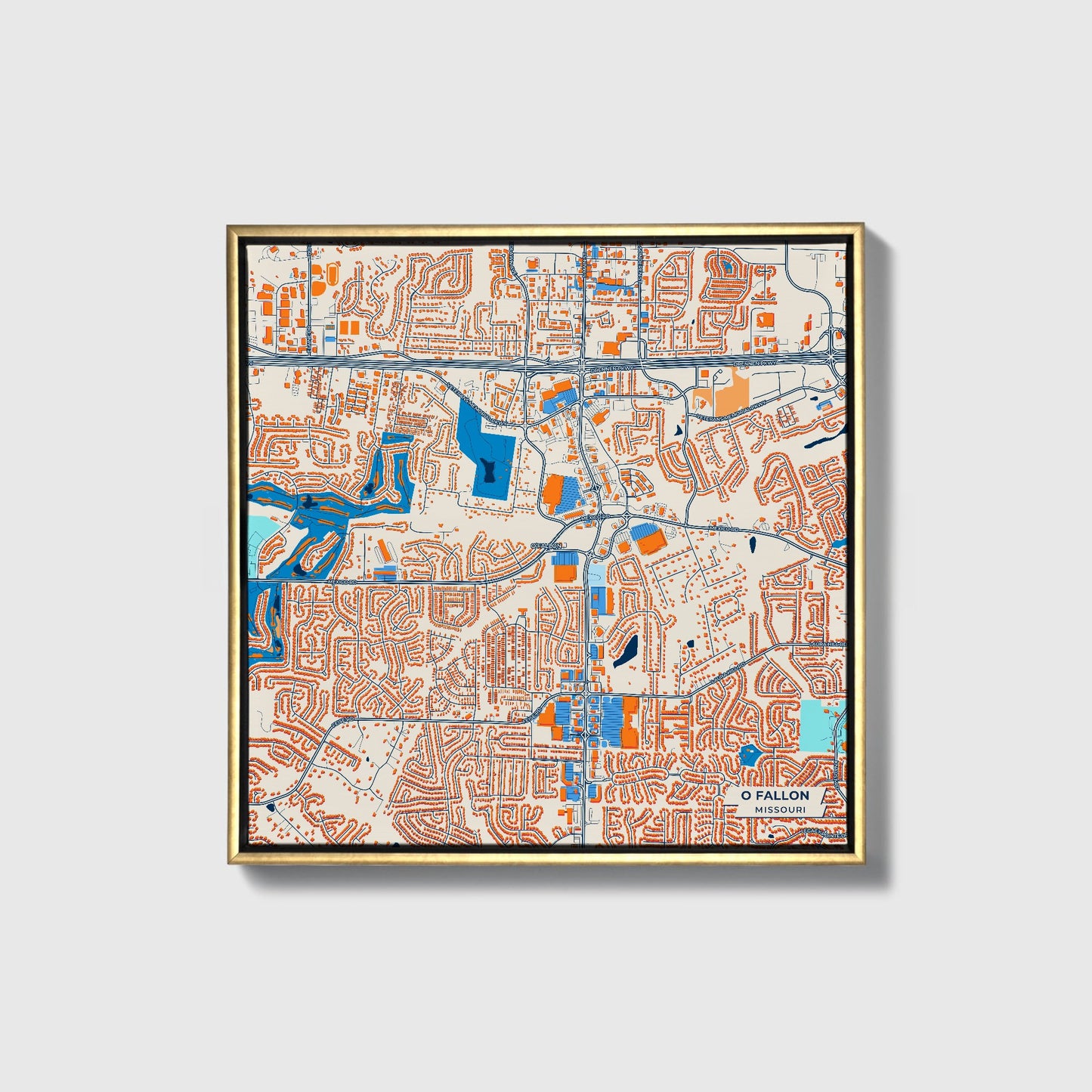 O Fallon Missouri Colorful City Map Canvas Print • Gold Framed