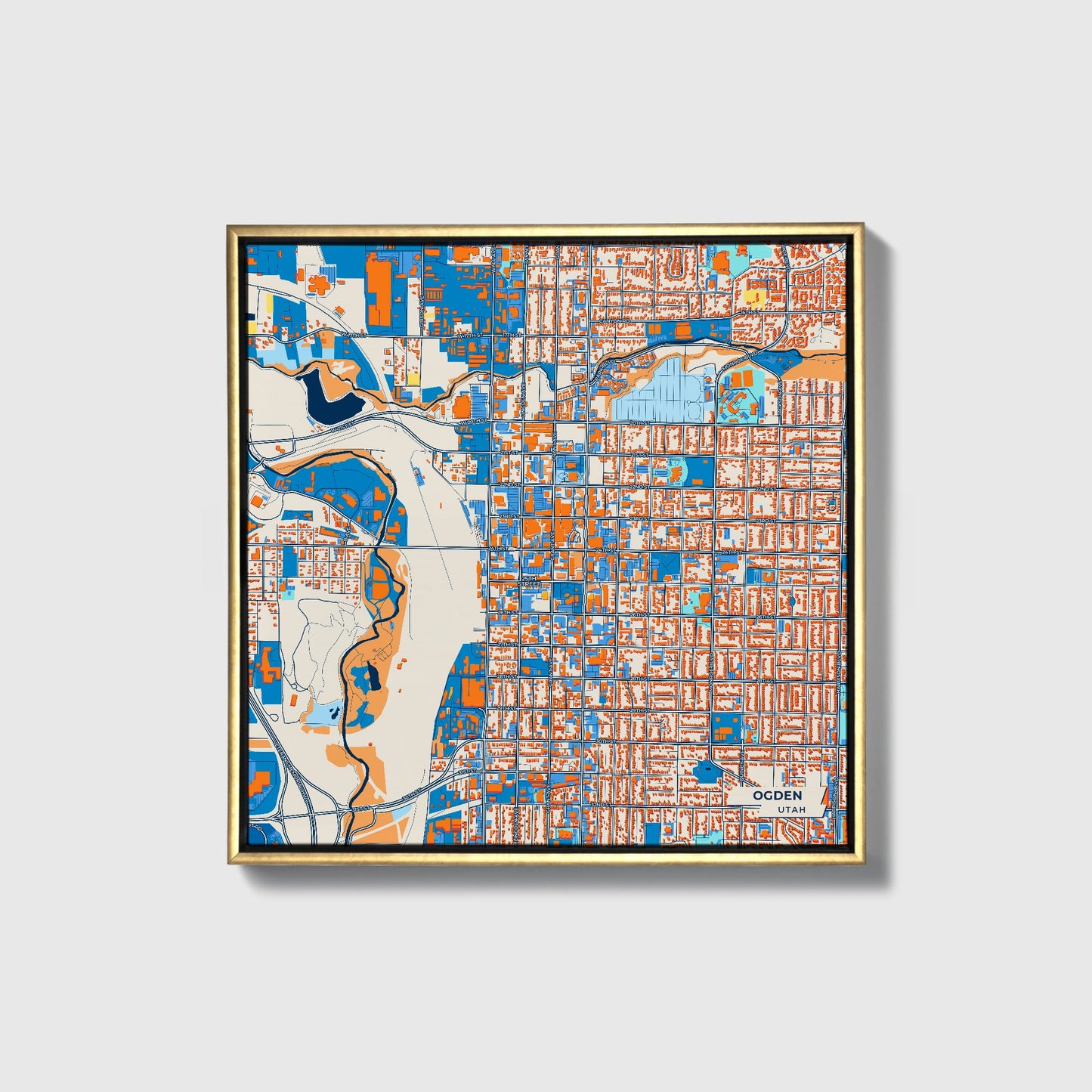 Ogden Utah Colorful City Map Canvas Print • Gold Framed