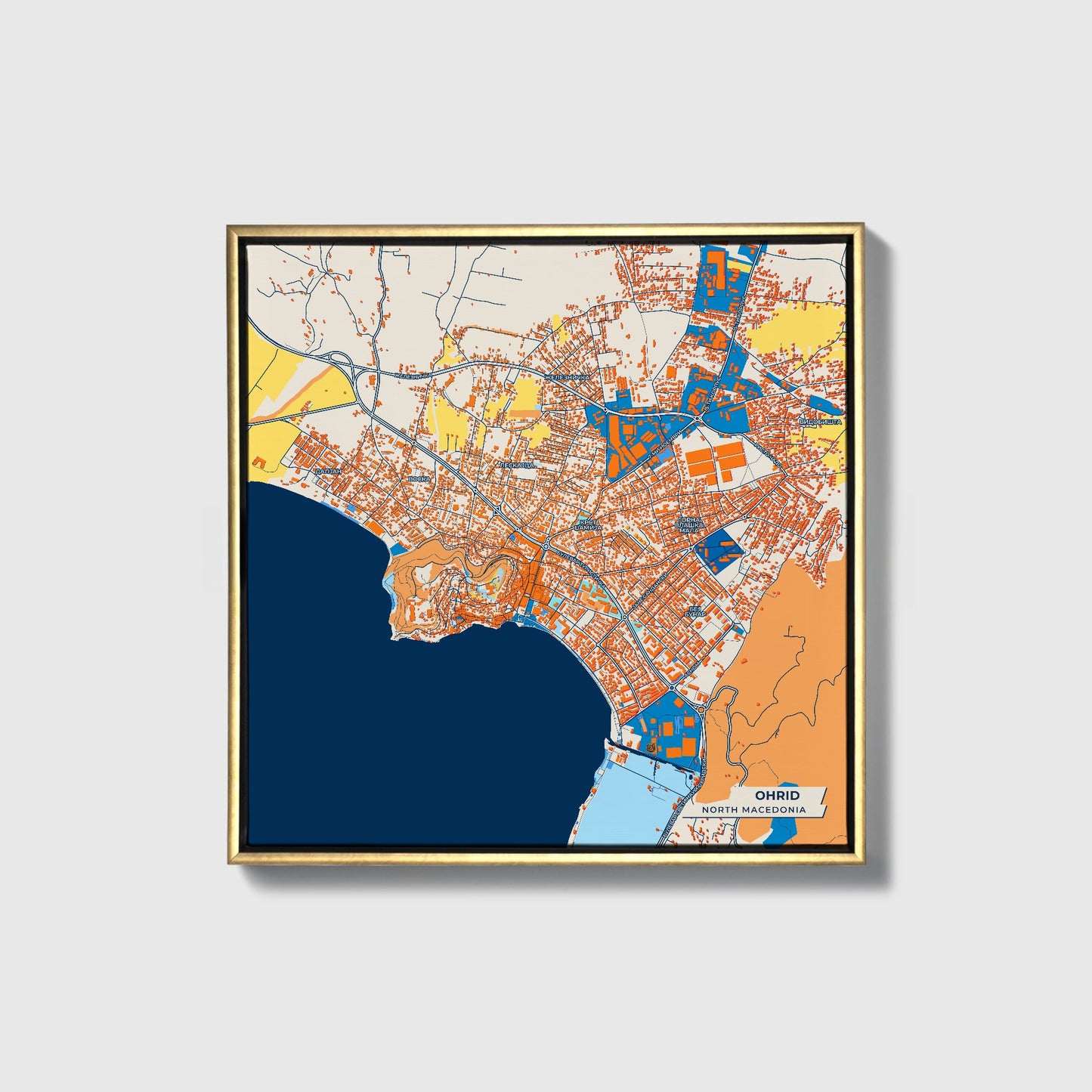 Ohrid North Macedonia Colorful City Map Canvas Print • Gold Framed