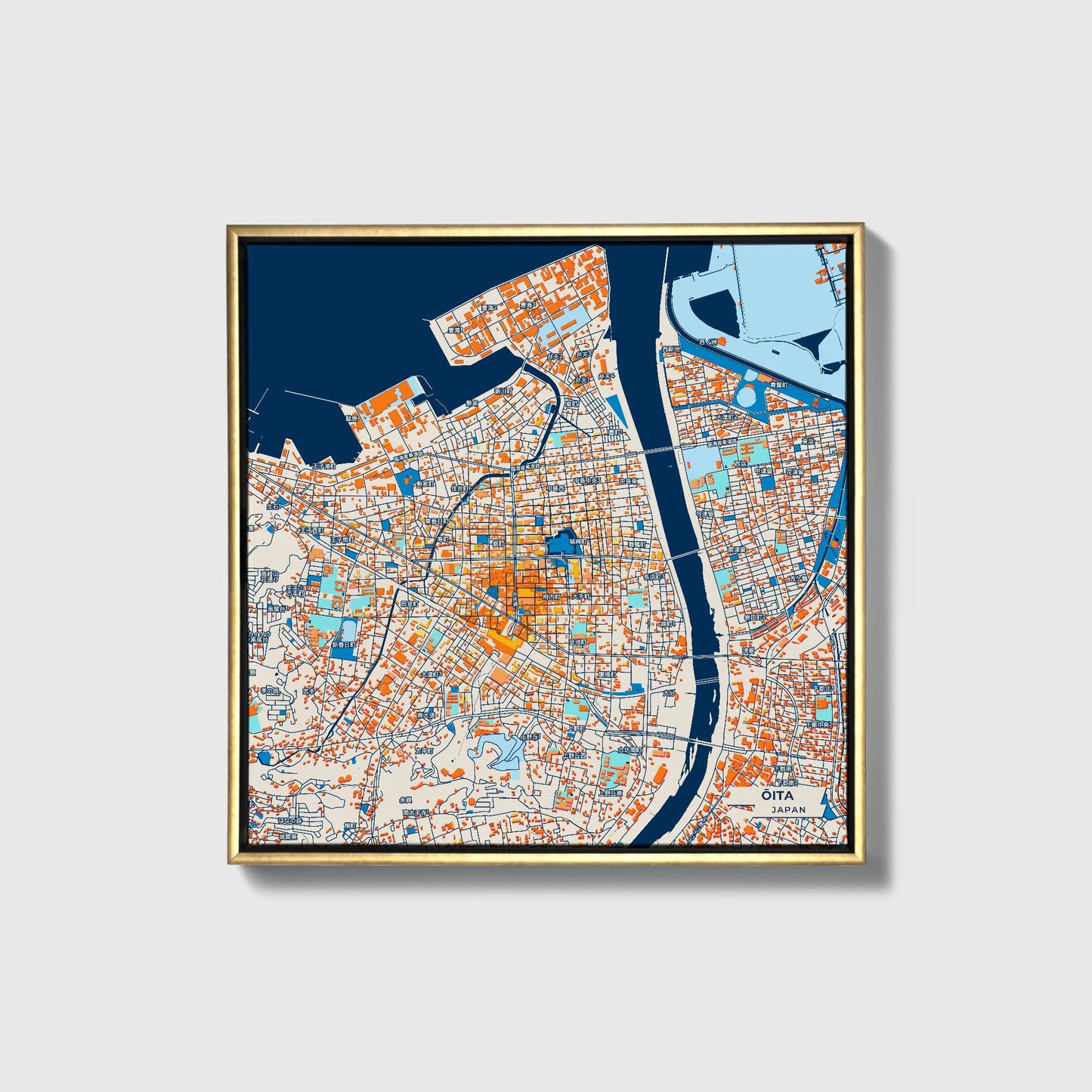 Ōita Japan Colorful City Map Canvas Print • Gold Framed