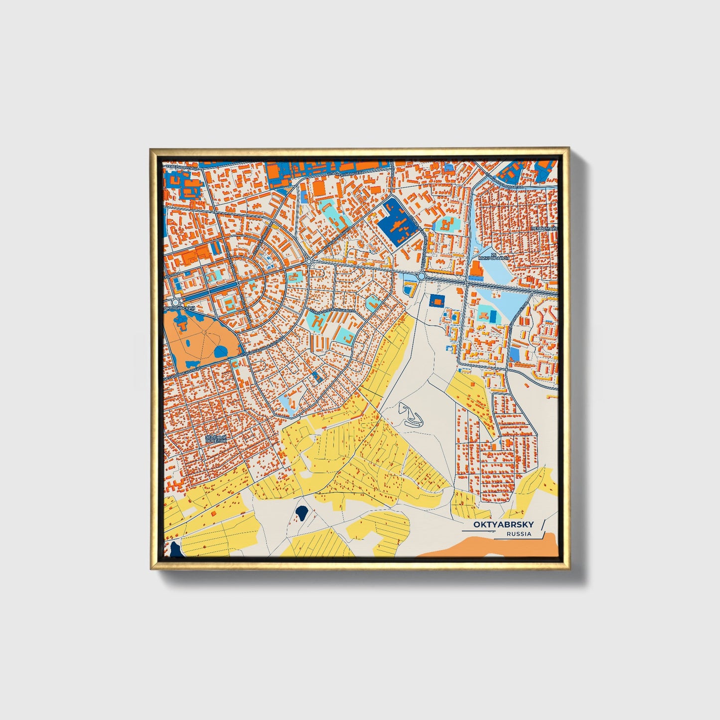 Октябрьский Russia Colorful City Map Canvas Print • Gold Framed