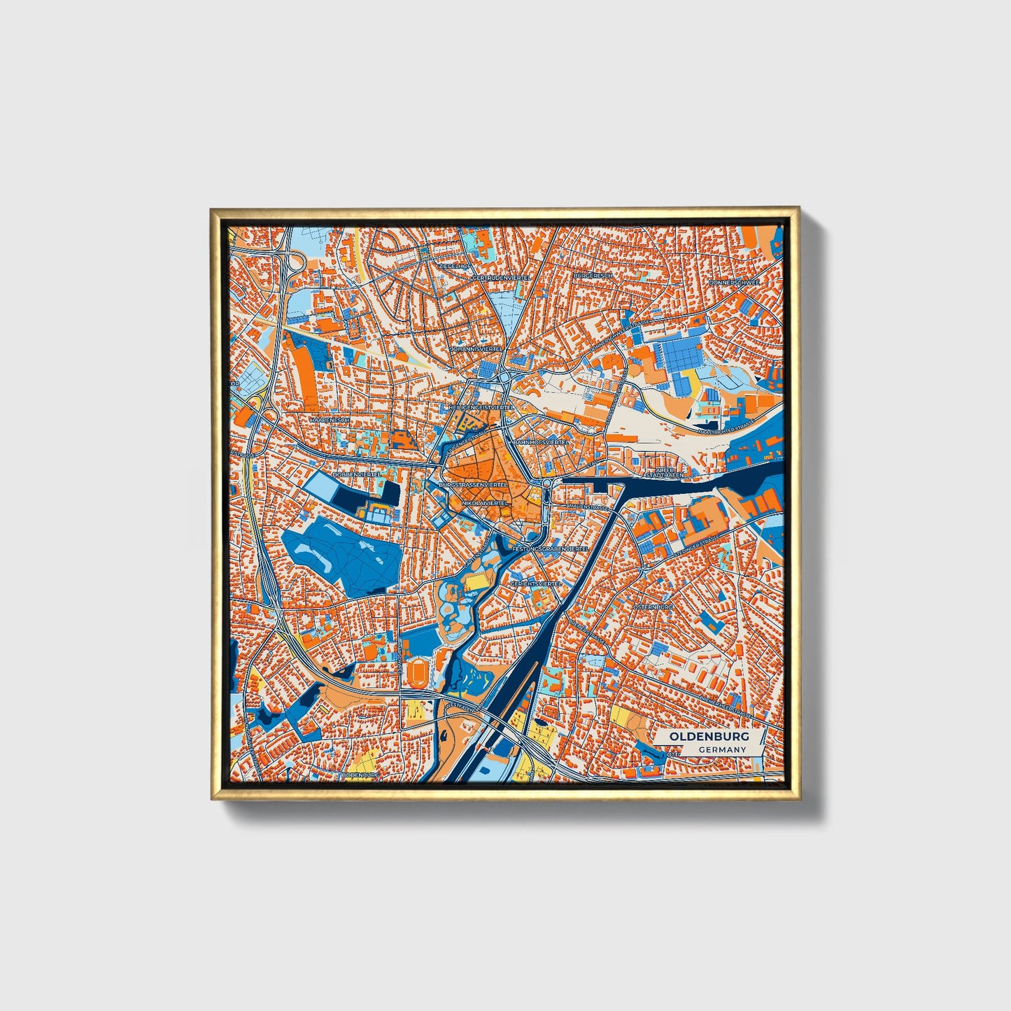 Oldenburg Germany Colorful City Map Canvas Print • Gold Framed