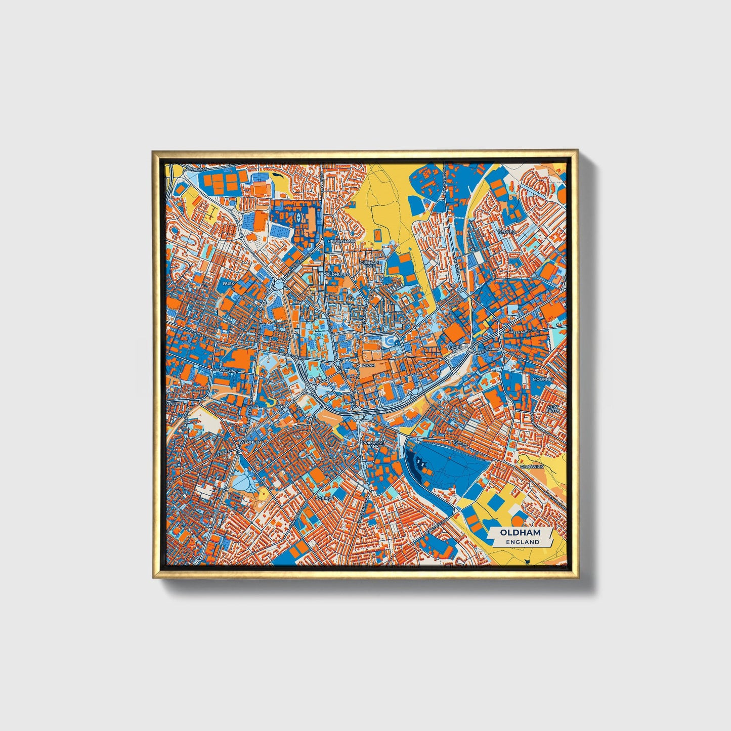 Oldham England Colorful City Map Canvas Print • Gold Framed