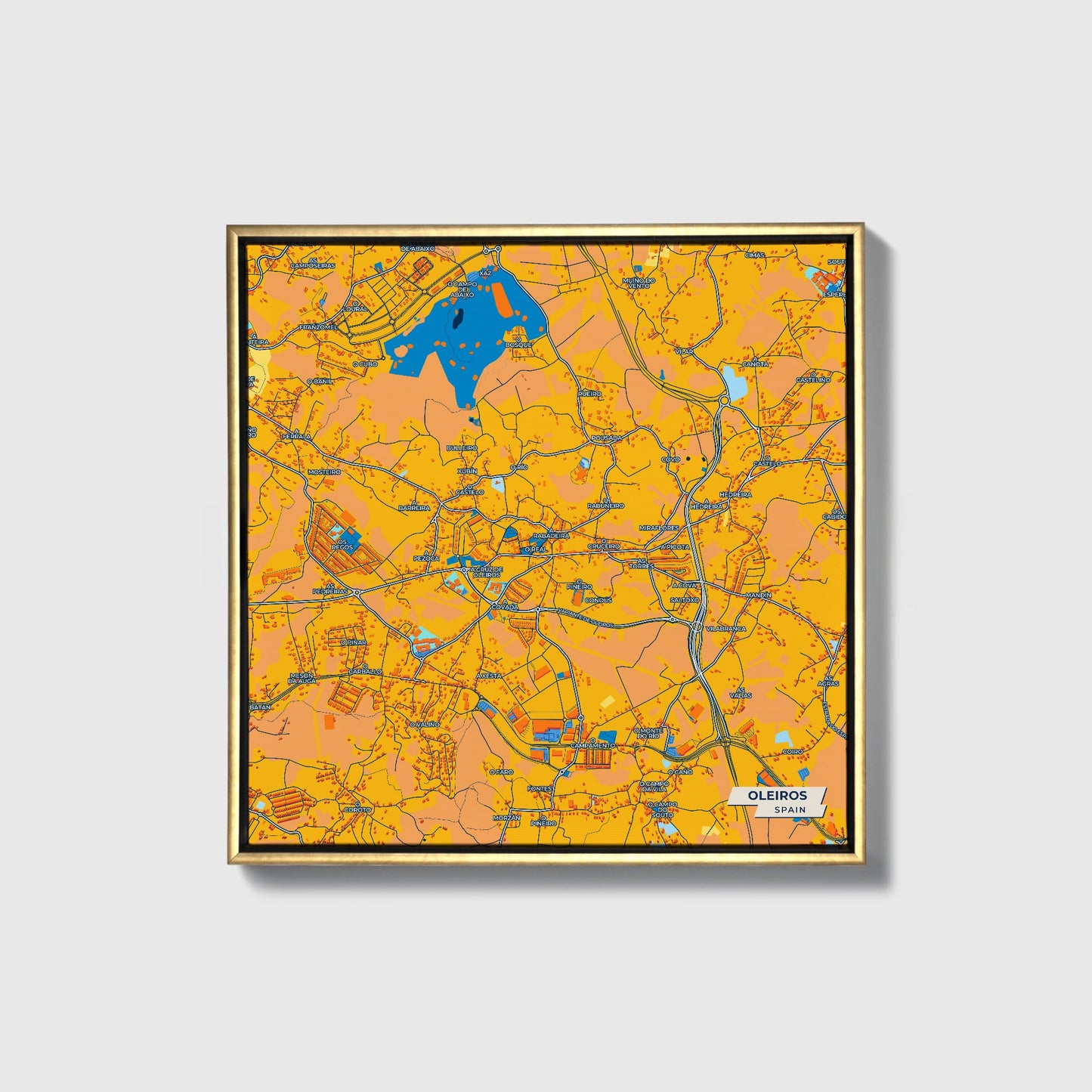 Oleiros Spain Colorful City Map Canvas Print • Gold Framed