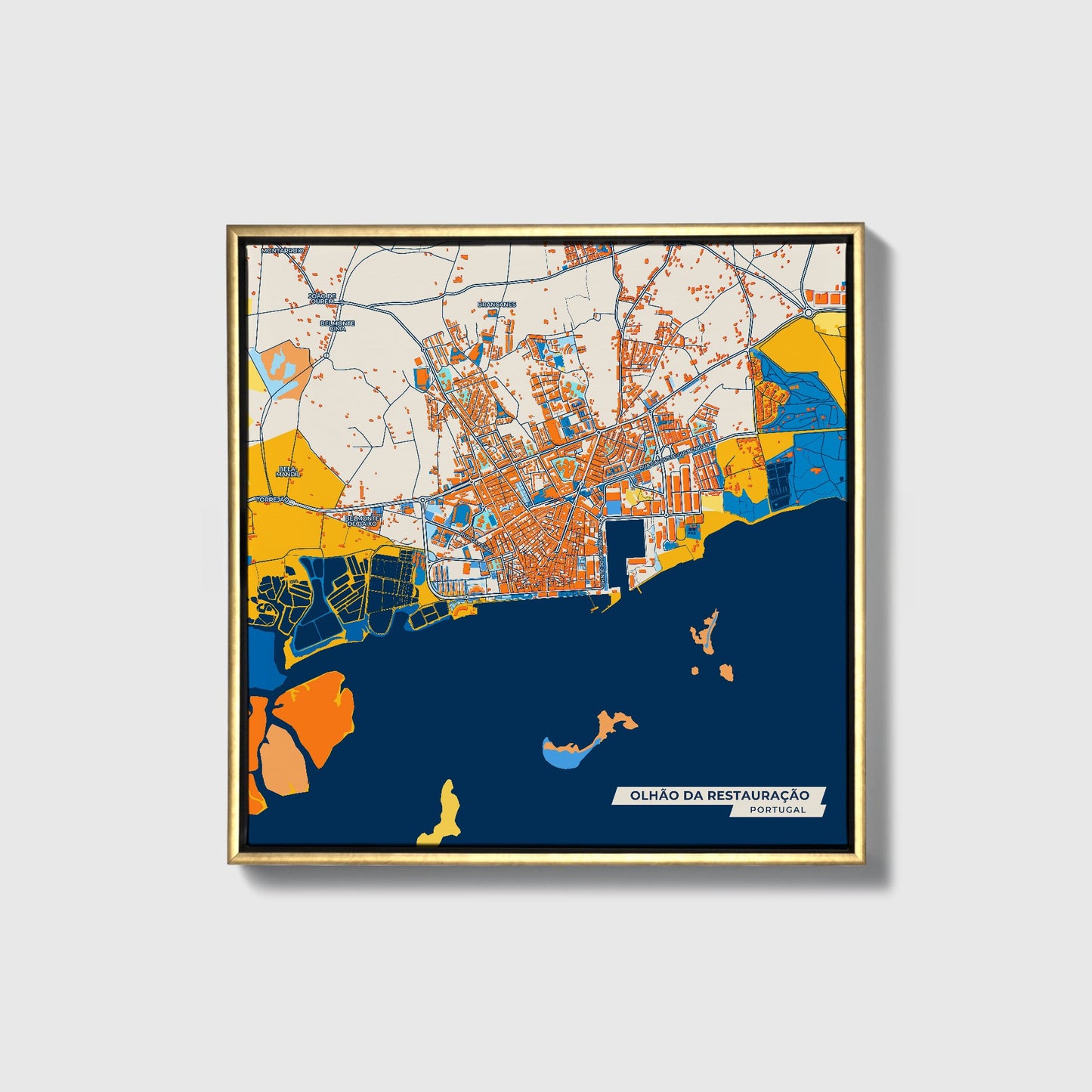 Olhão Da Restauração Portugal Colorful City Map Canvas Print • Gold Framed