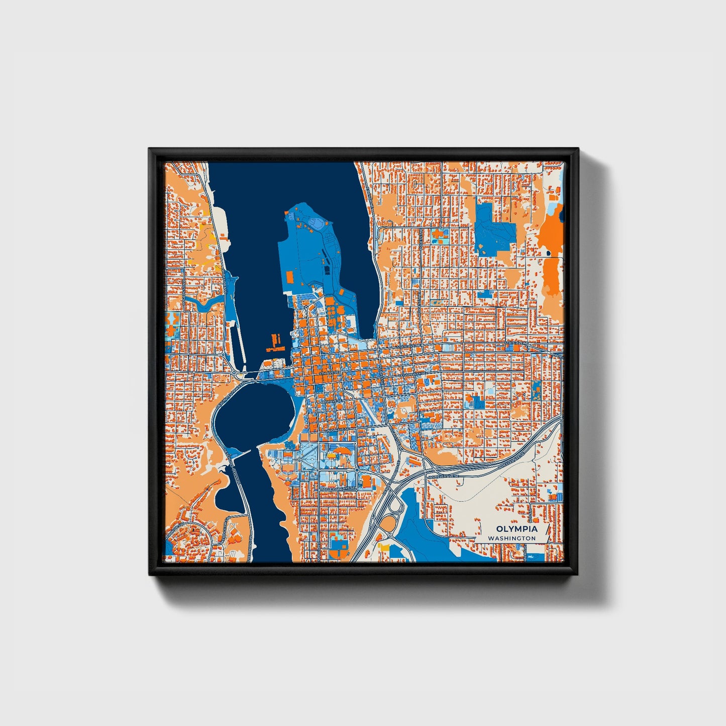 Olympia Washington Colorful City Map Canvas Print • Black Framed