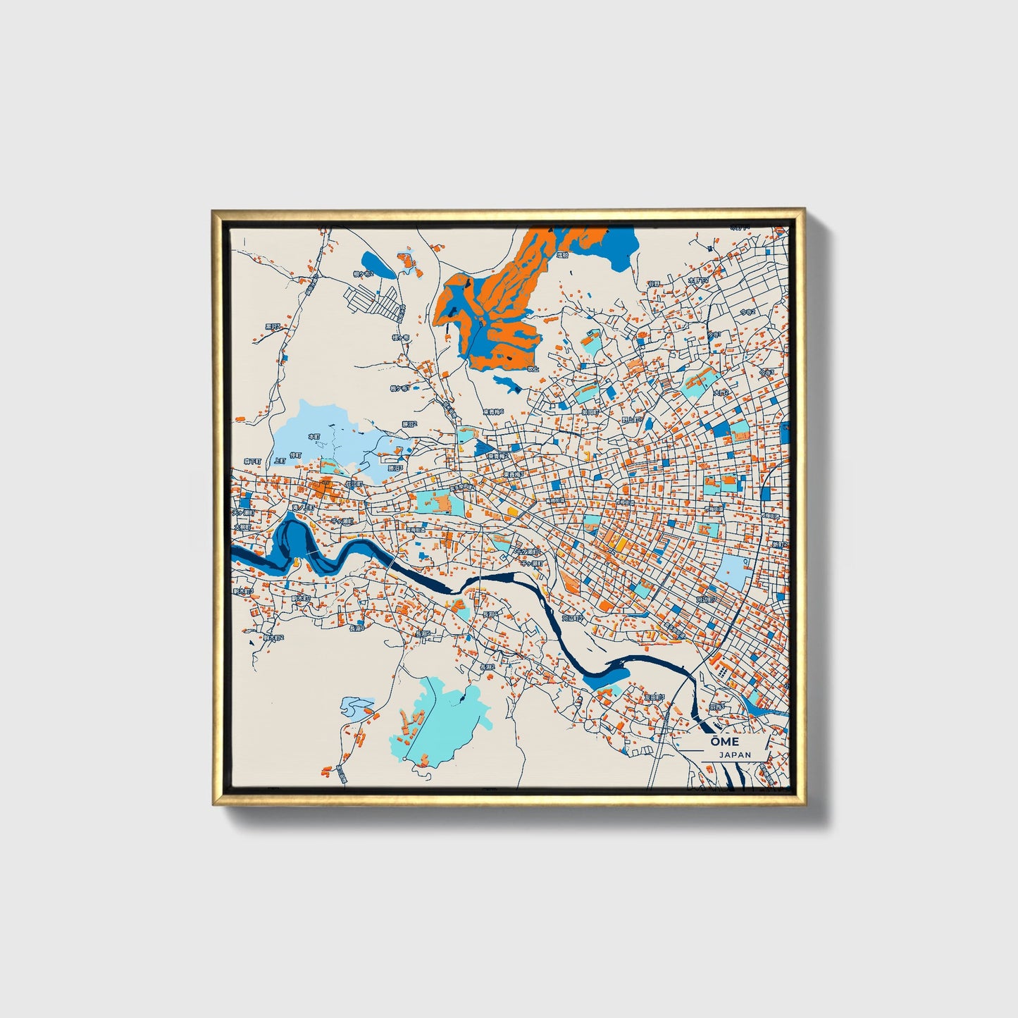 Ōme Japan Colorful City Map Canvas Print • Gold Framed