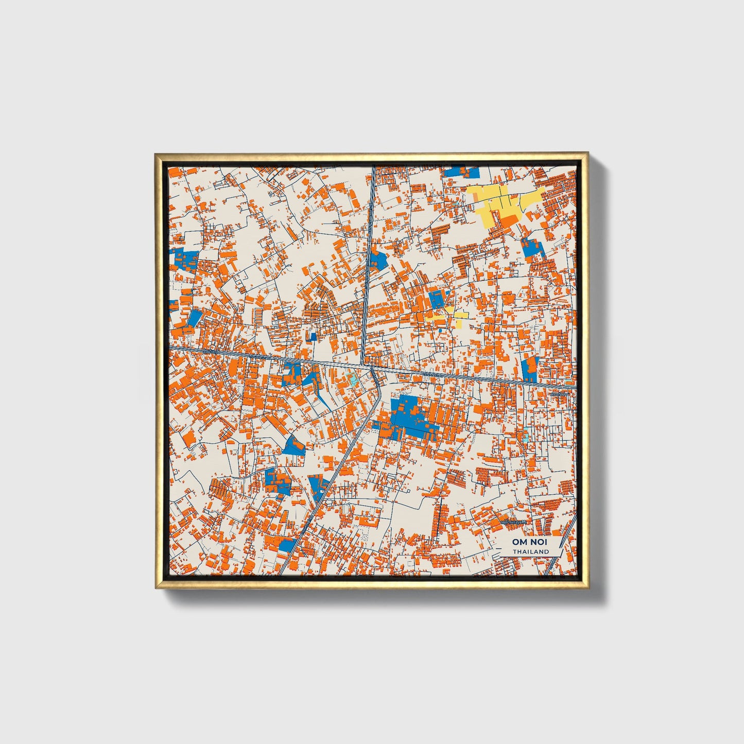 Om Noi Thailand Colorful City Map Canvas Print • Gold Framed