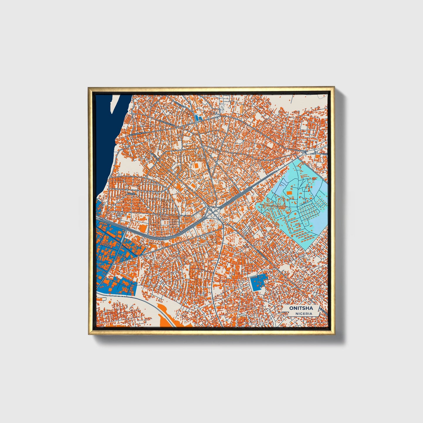 Onitsha Nigeria Colorful City Map Canvas Print • Gold Framed