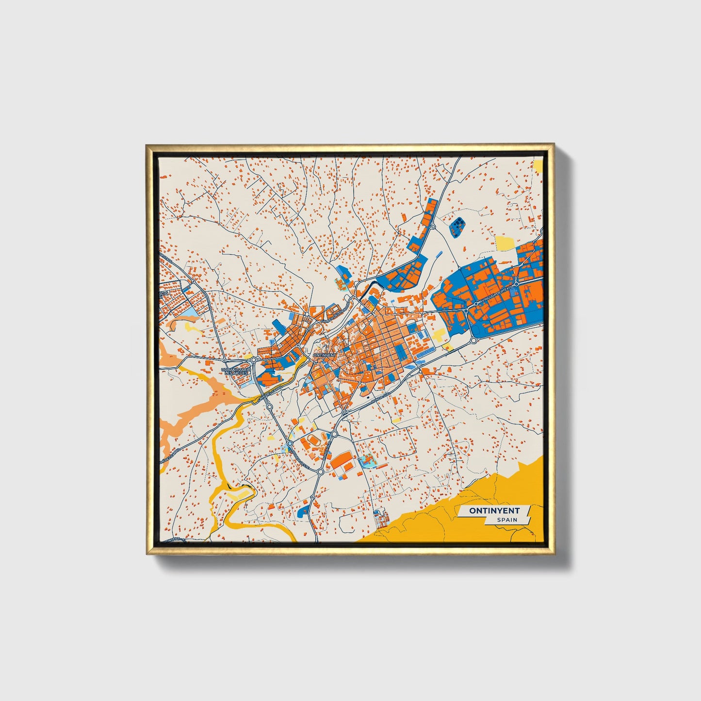 Ontinyent Spain Colorful City Map Canvas Print • Gold Framed