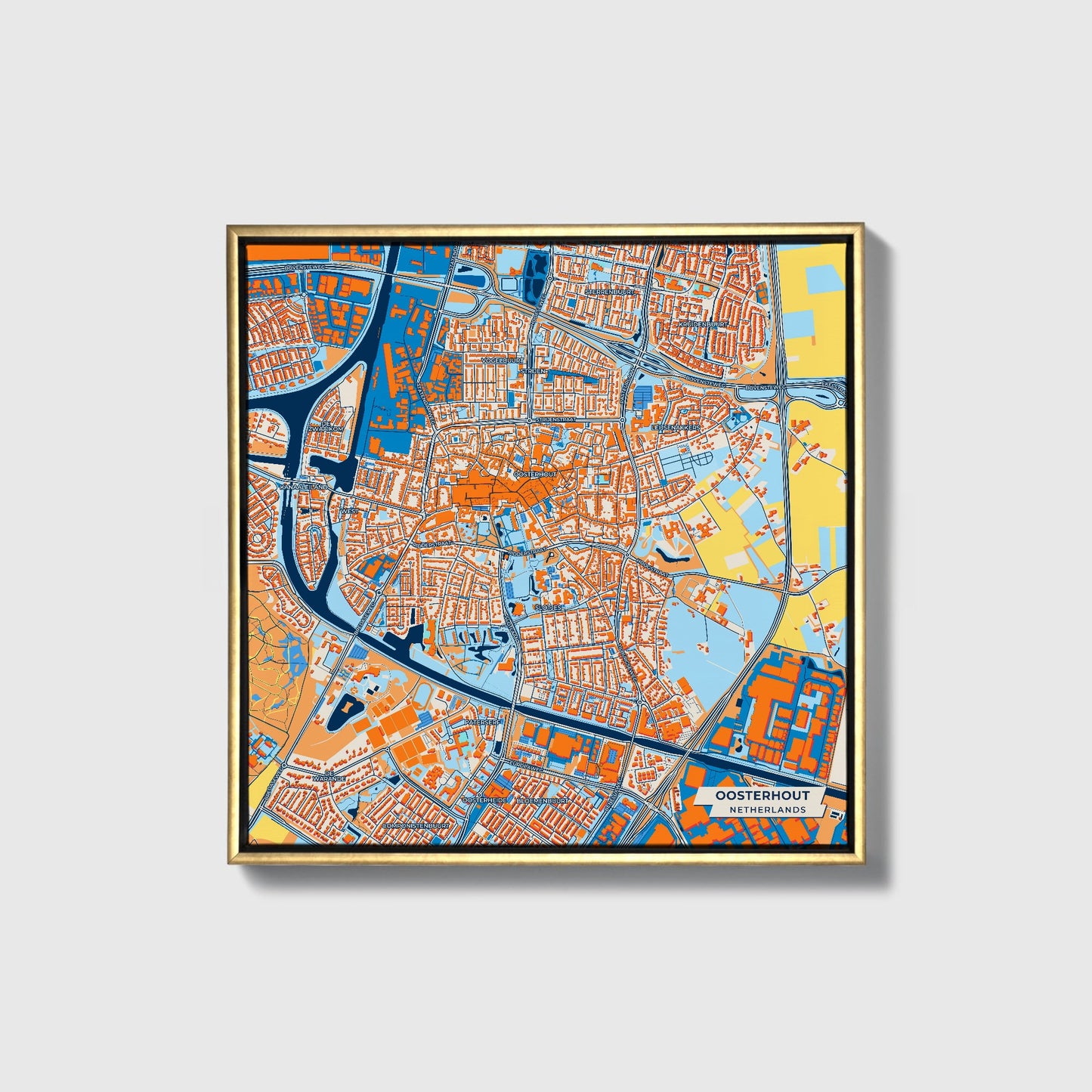 Oosterhout Netherlands Colorful City Map Canvas Print • Gold Framed