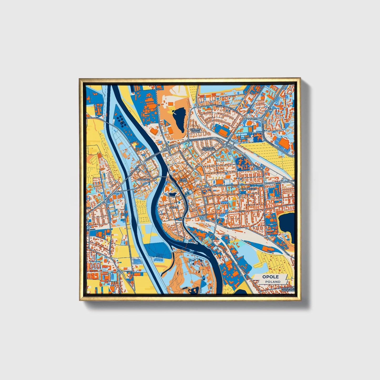 Opole Poland Colorful City Map Canvas Print • Gold Framed