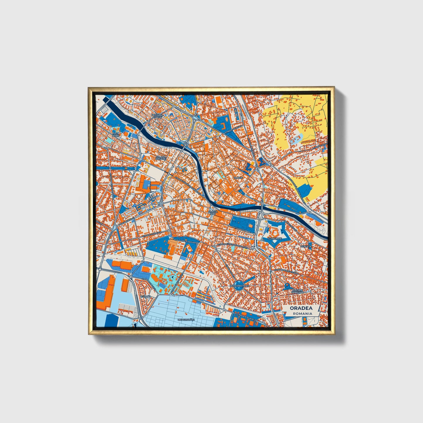 Oradea Romania Colorful City Map Canvas Print • Gold Framed