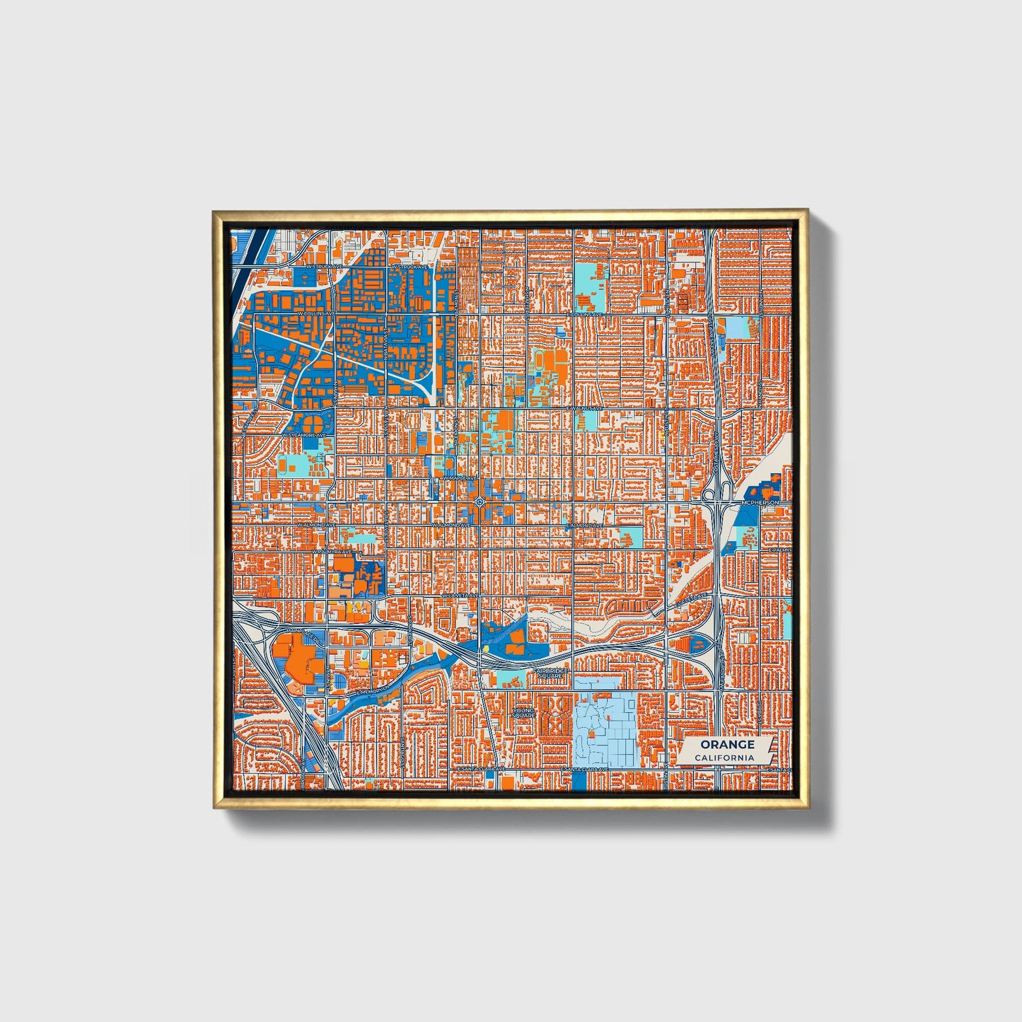 Orange California Colorful City Map Canvas Print • Gold Framed
