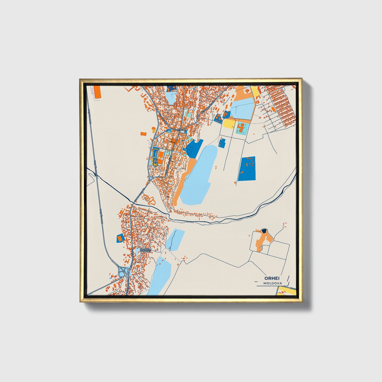 Orhei Moldova Colorful City Map Canvas Print • Gold Framed