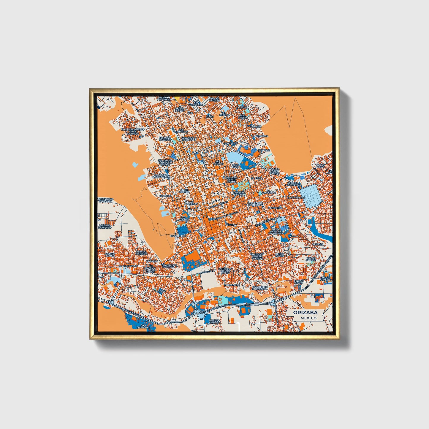 Orizaba Mexico Colorful City Map Canvas Print • Gold Framed