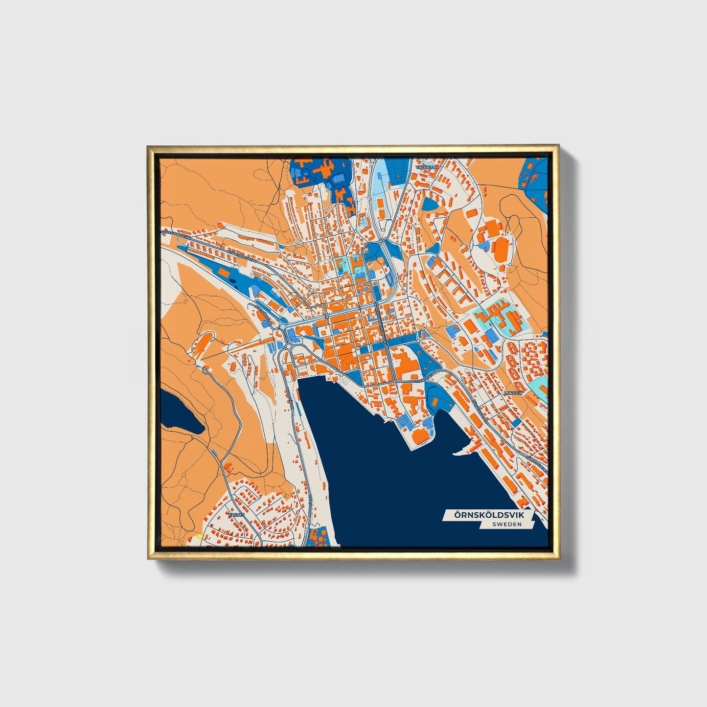 Örnsköldsvik Sweden Colorful City Map Canvas Print • Gold Framed