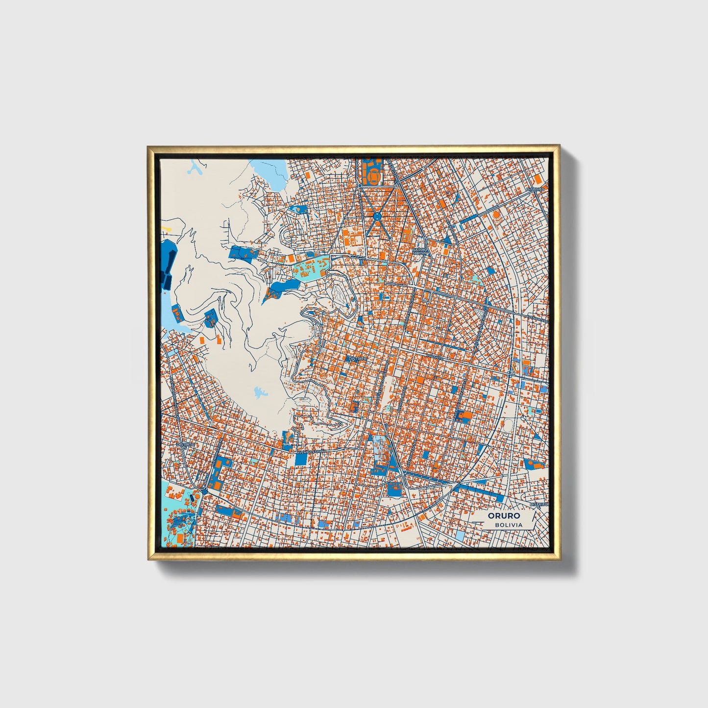 Oruro Bolivia Colorful City Map Canvas Print • Gold Framed
