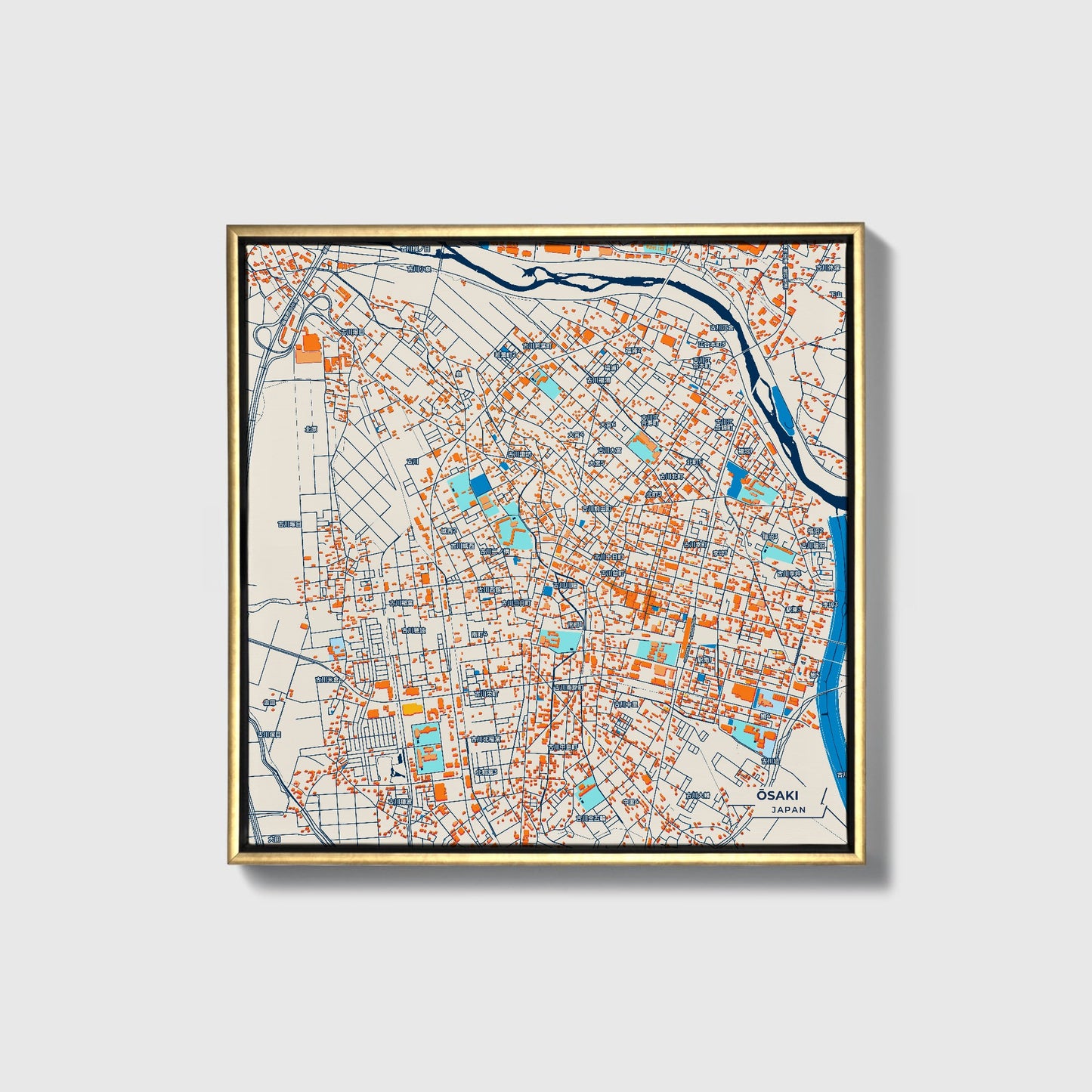 Ōsaki Japan Colorful City Map Canvas Print • Gold Framed