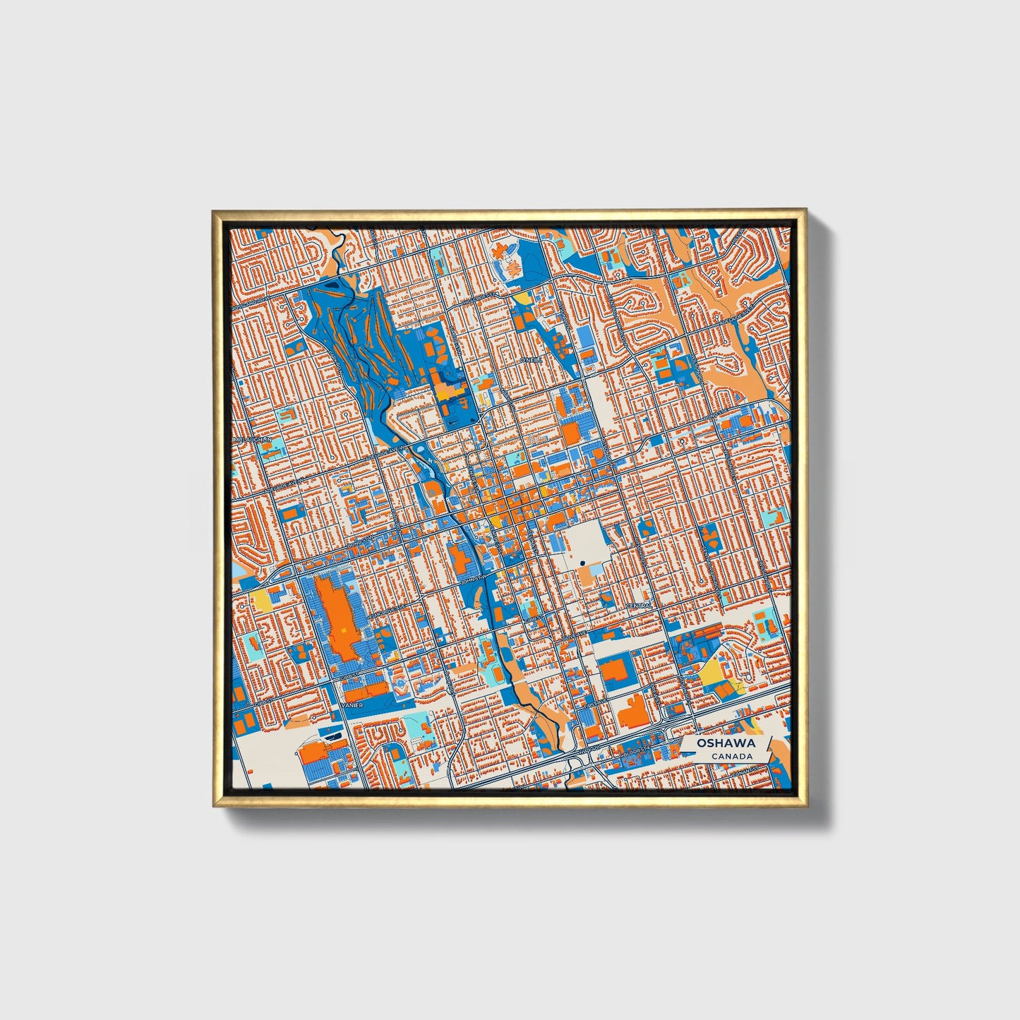 Oshawa Canada Colorful City Map Canvas Print • Gold Framed