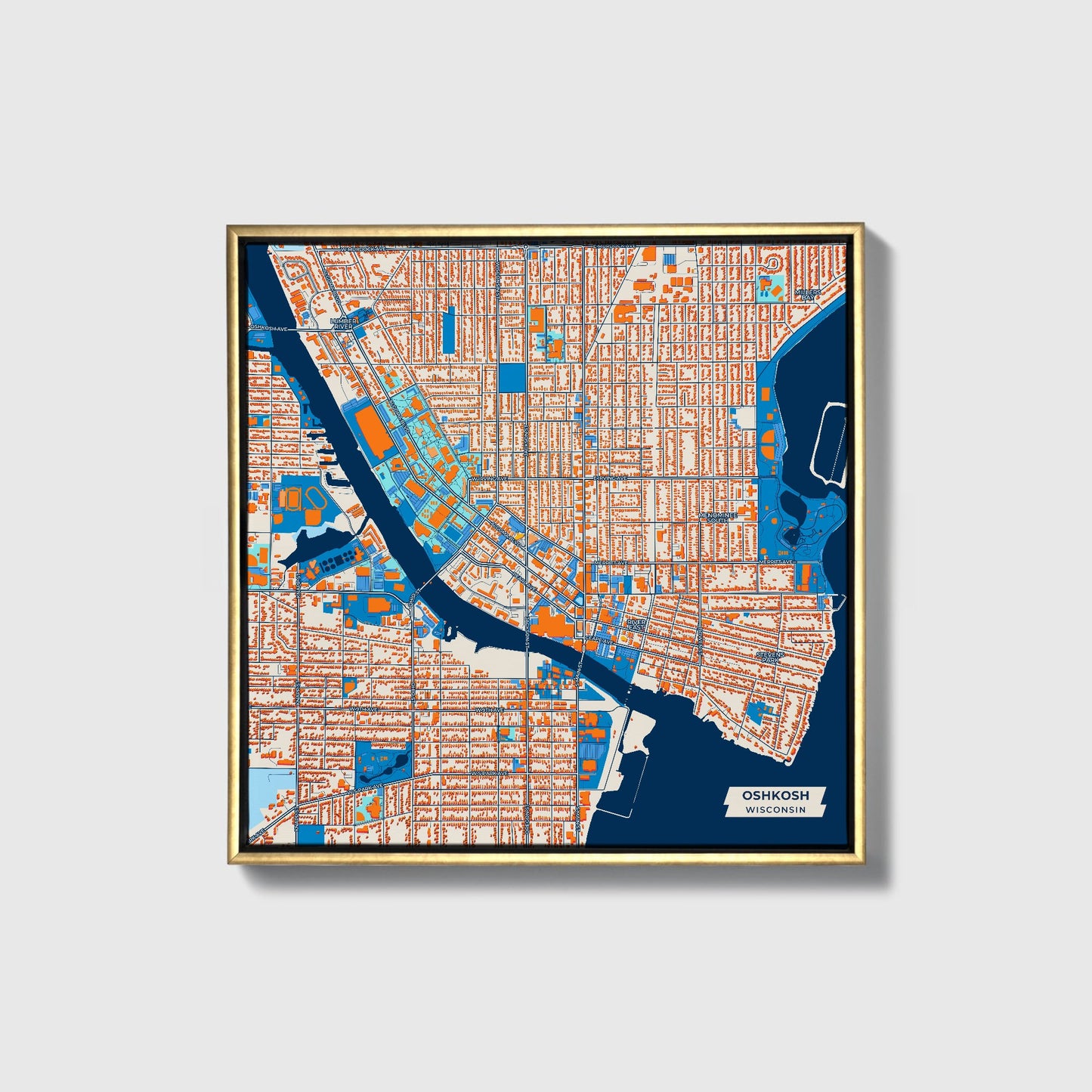 Oshkosh Wisconsin Colorful City Map Canvas Print • Gold Framed