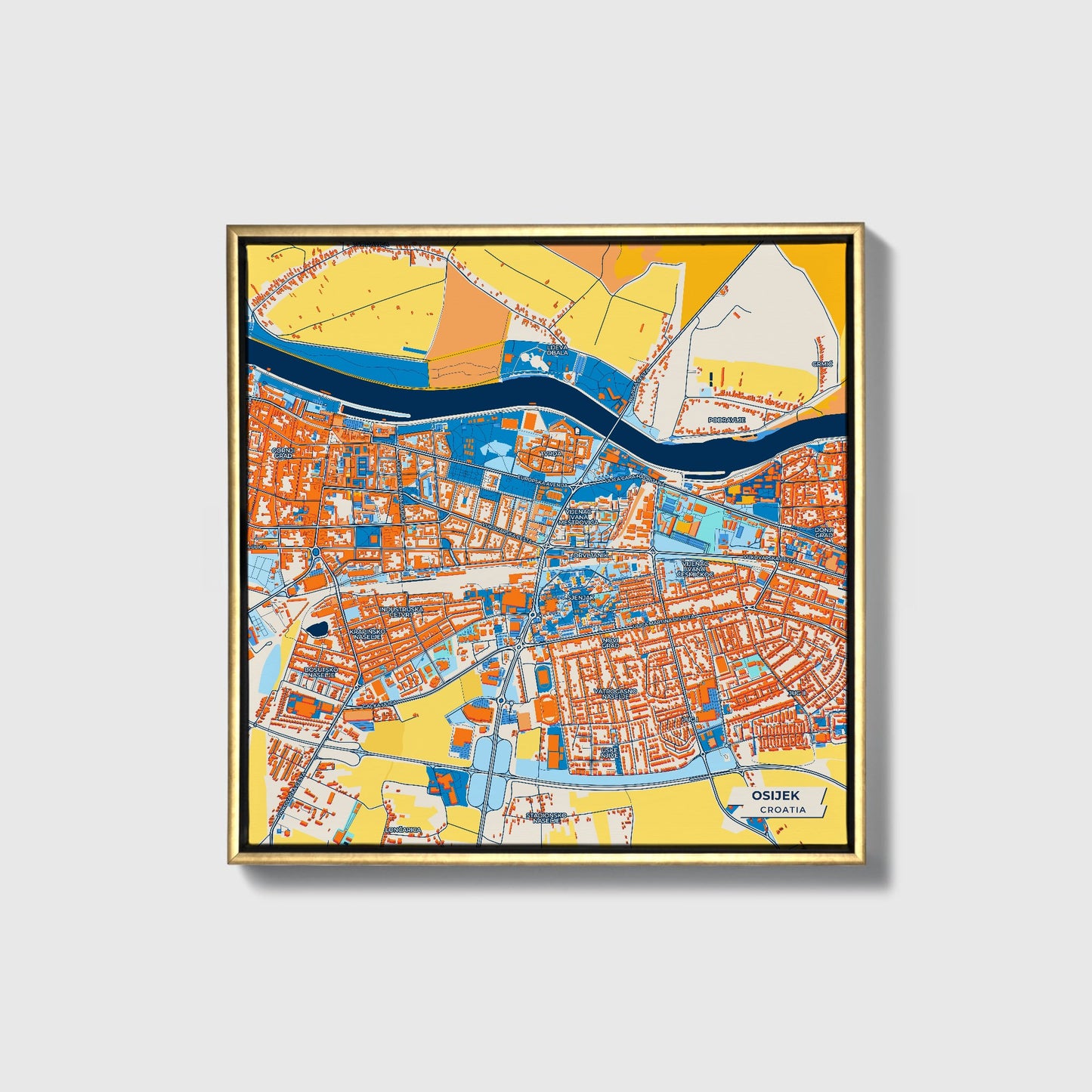 Osijek Croatia Colorful City Map Canvas Print • Gold Framed