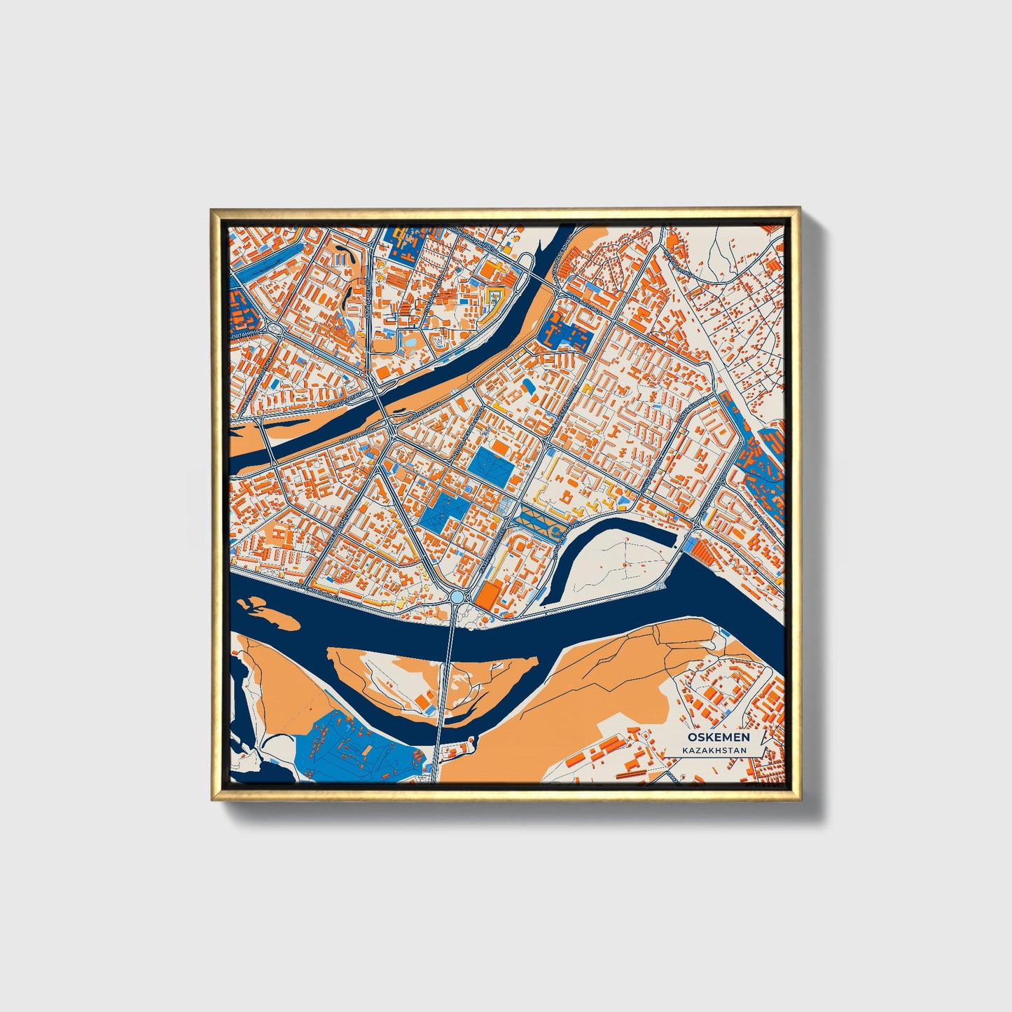 Oskemen Kazakhstan Colorful City Map Canvas Print • Gold Framed