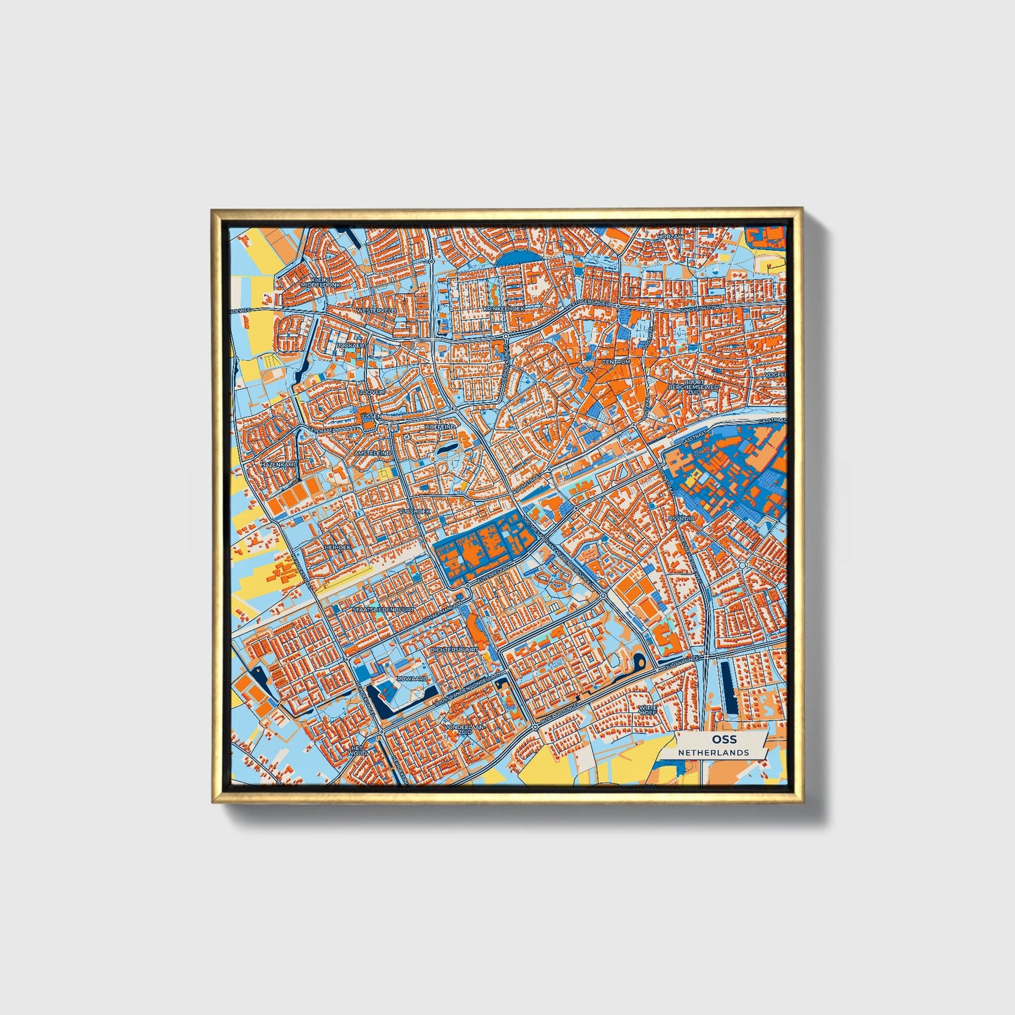 Oss Netherlands Colorful City Map Canvas Print • Gold Framed