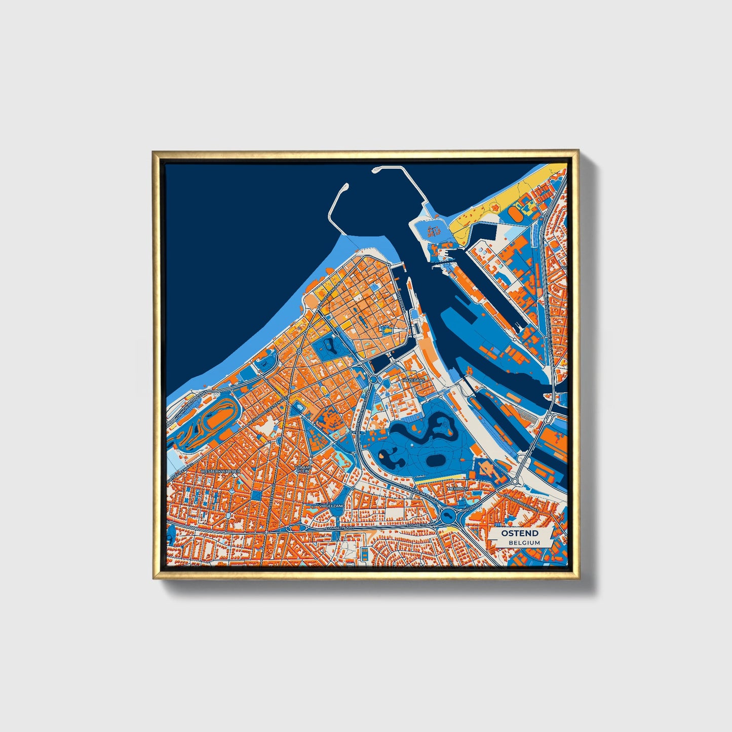 Ostend Belgium Colorful City Map Canvas Print • Gold Framed