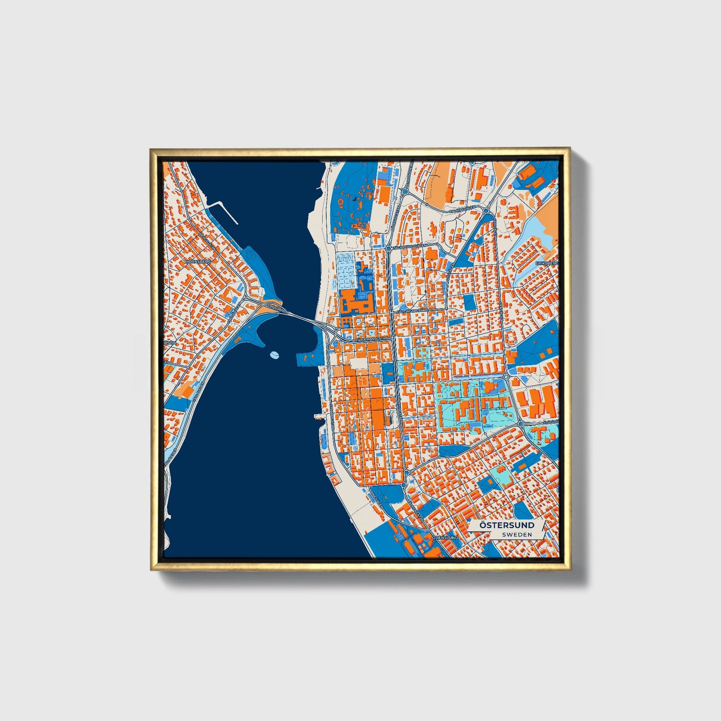 Östersund Sweden Colorful City Map Canvas Print • Gold Framed