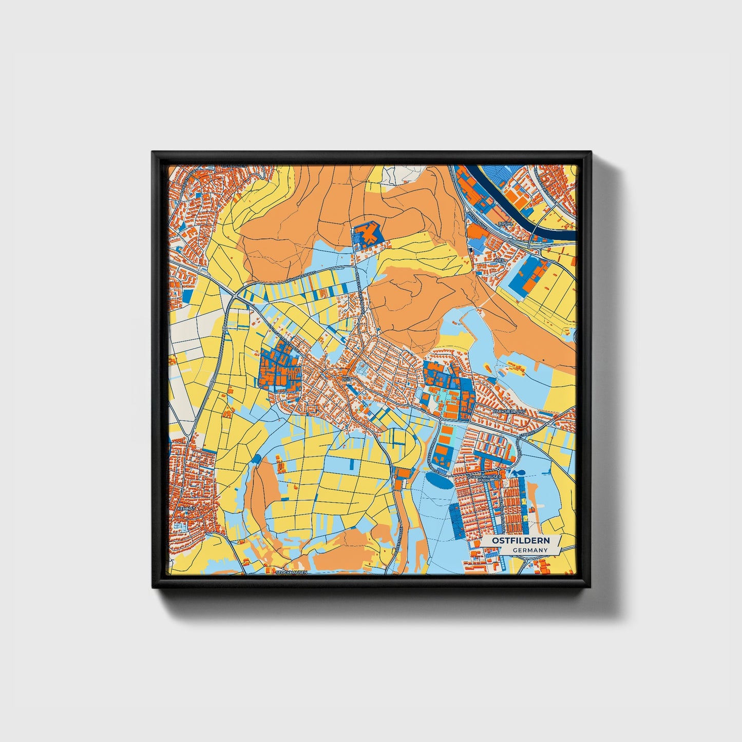 Ostfildern Germany Colorful City Map Canvas Print • Black Framed