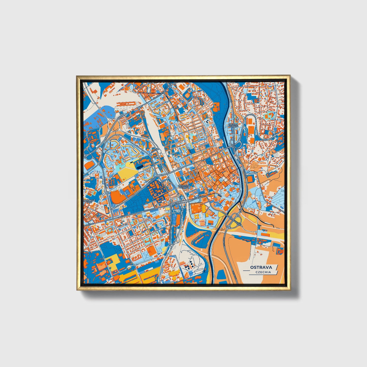 Ostrava Czechia Colorful City Map Canvas Print • Gold Framed