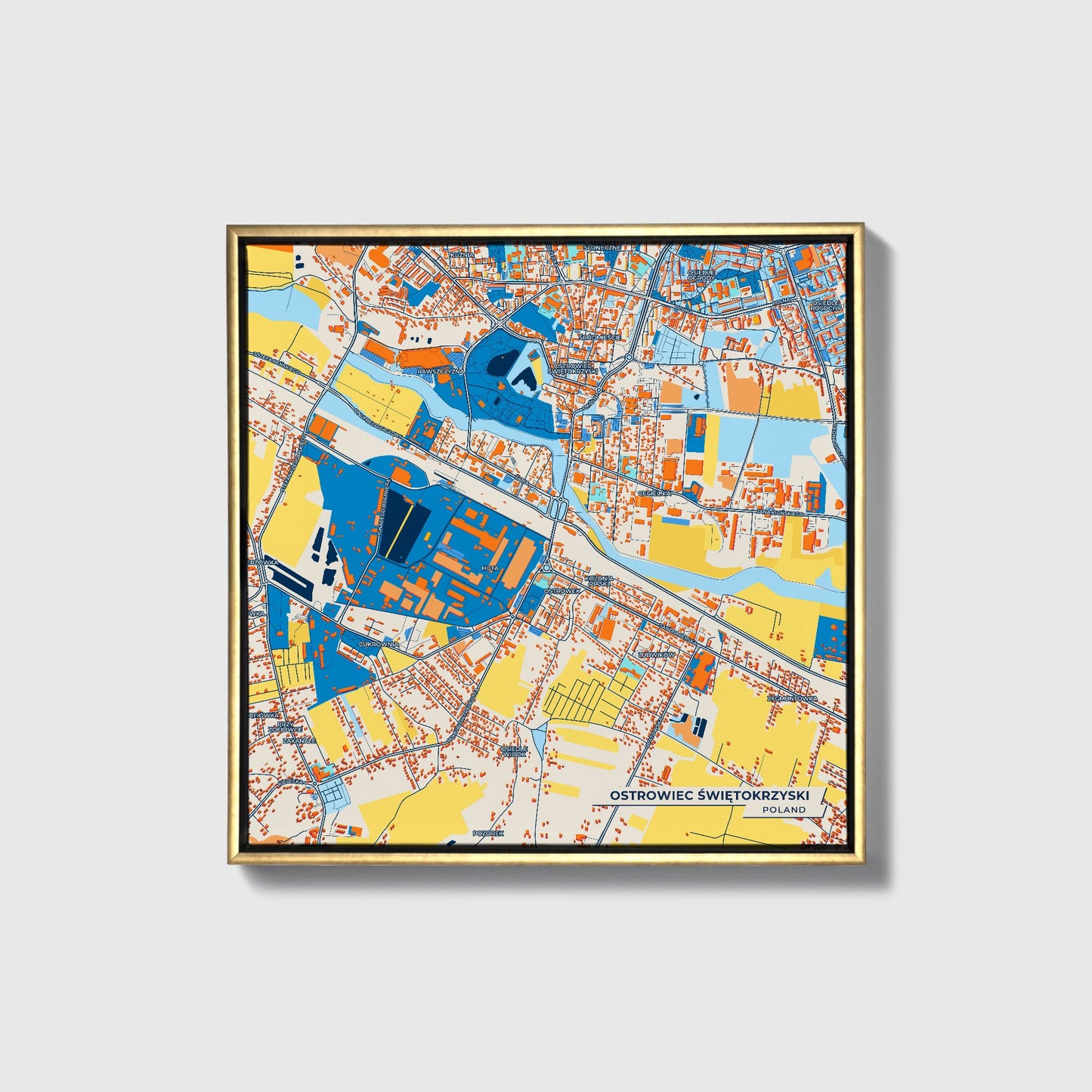 Ostrowiec Świętokrzyski Poland Colorful City Map Canvas Print • Gold Framed