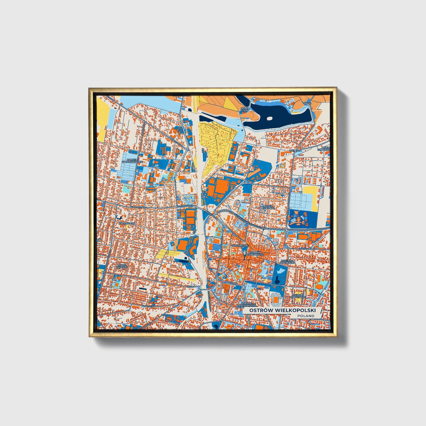 Ostrów Wielkopolski Poland Colorful City Map Canvas Print • Gold Framed