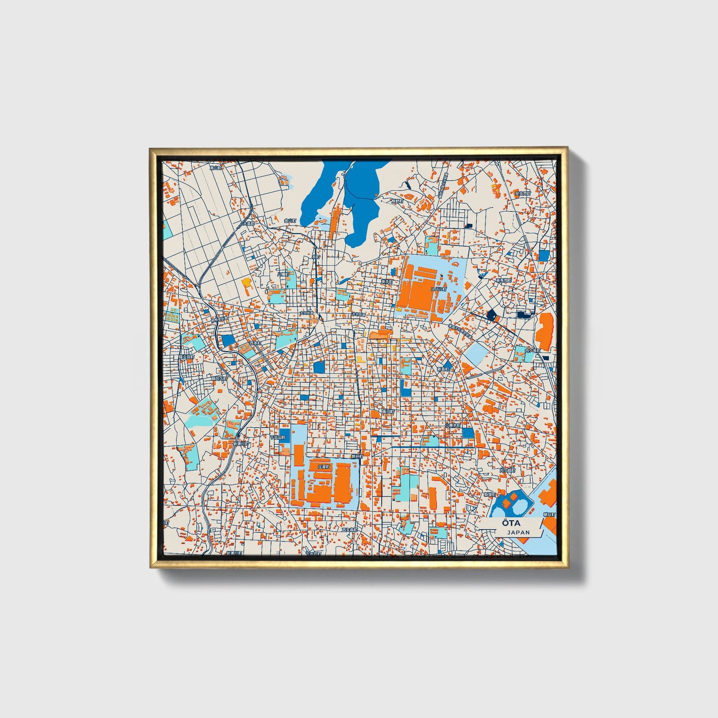 Ōta Japan Colorful City Map Canvas Print • Gold Framed