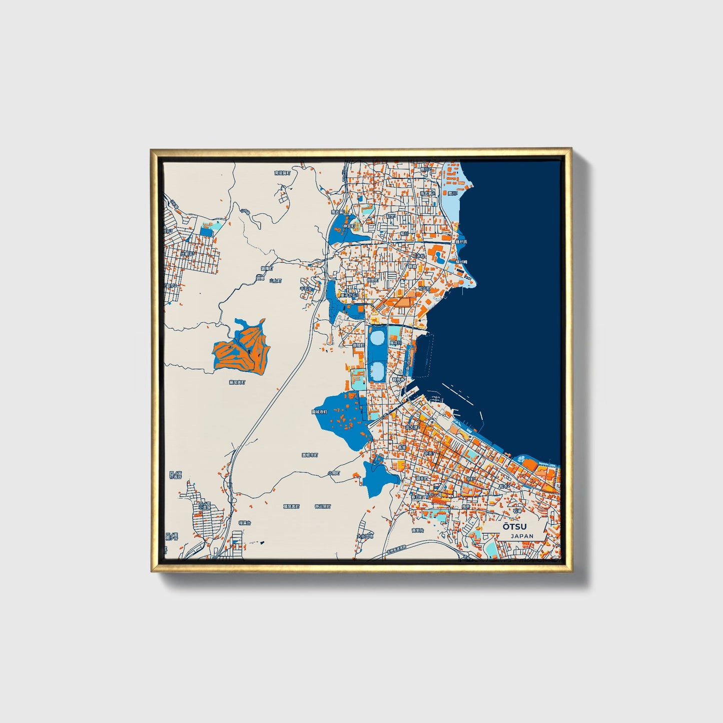 Ōtsu Japan Colorful City Map Canvas Print • Gold Framed