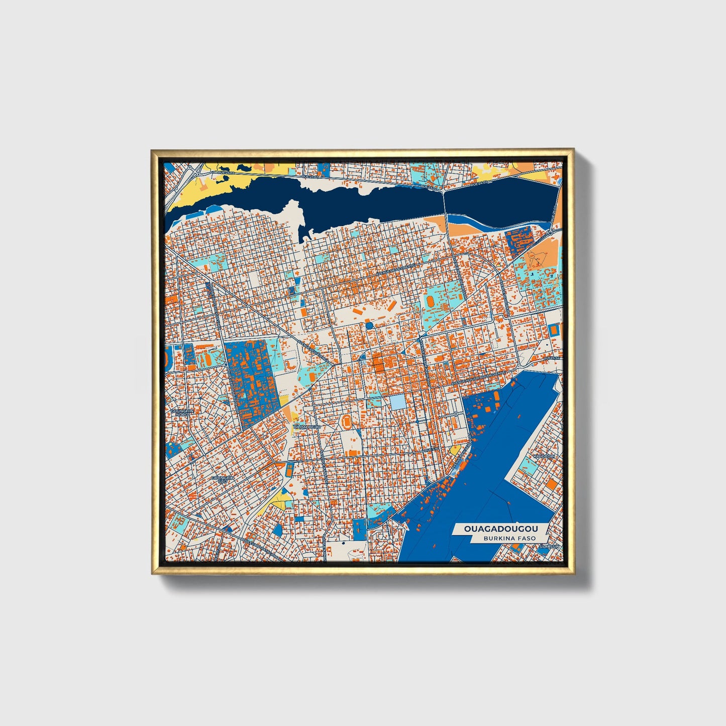 Ouagadougou Burkina Faso Colorful City Map Canvas Print • Gold Framed