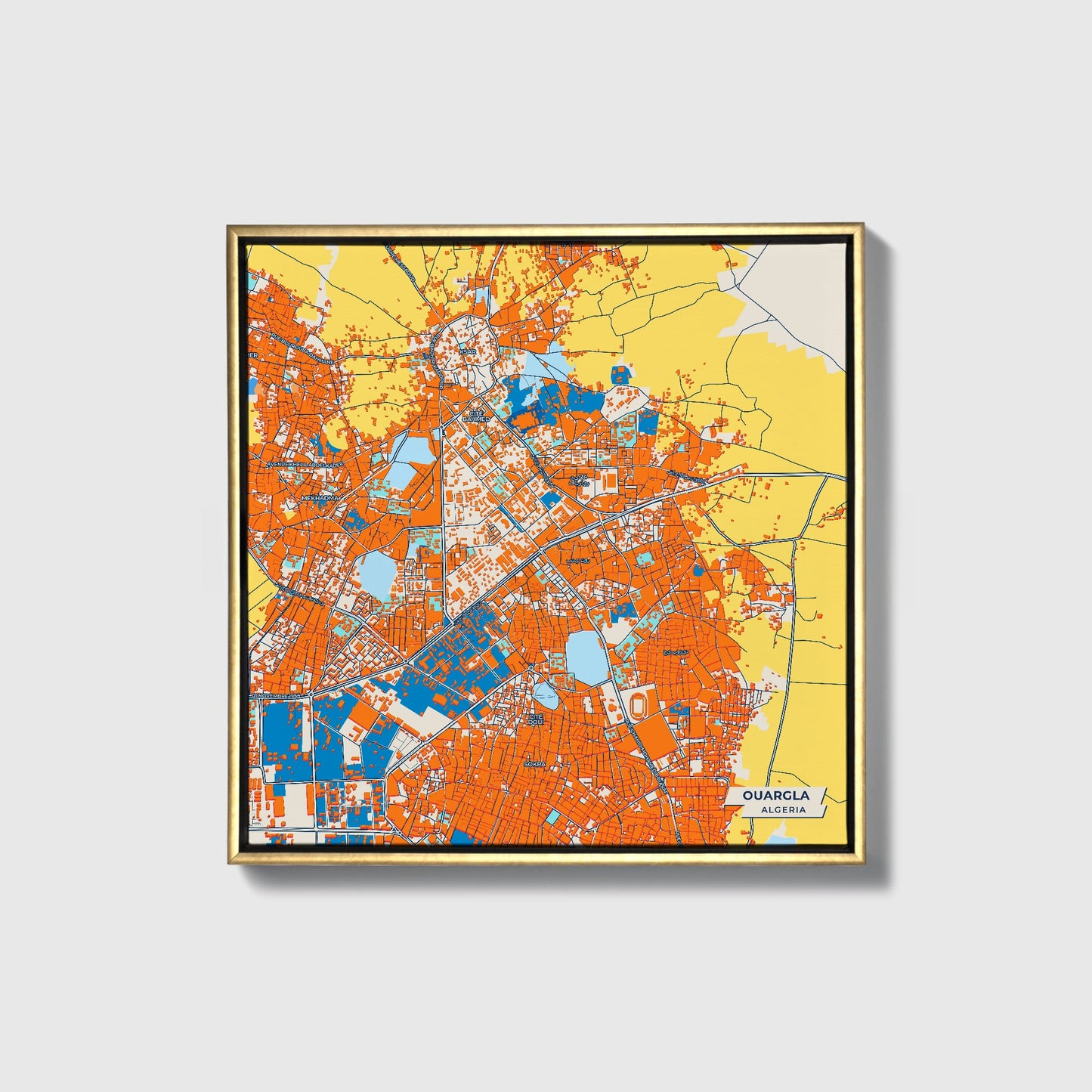 Ouargla Algeria Colorful City Map Canvas Print • Gold Framed