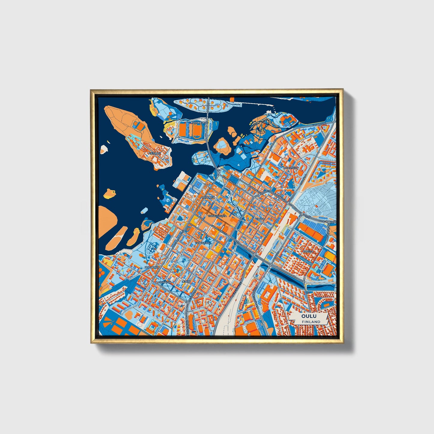 Oulu Finland Colorful City Map Canvas Print • Gold Framed