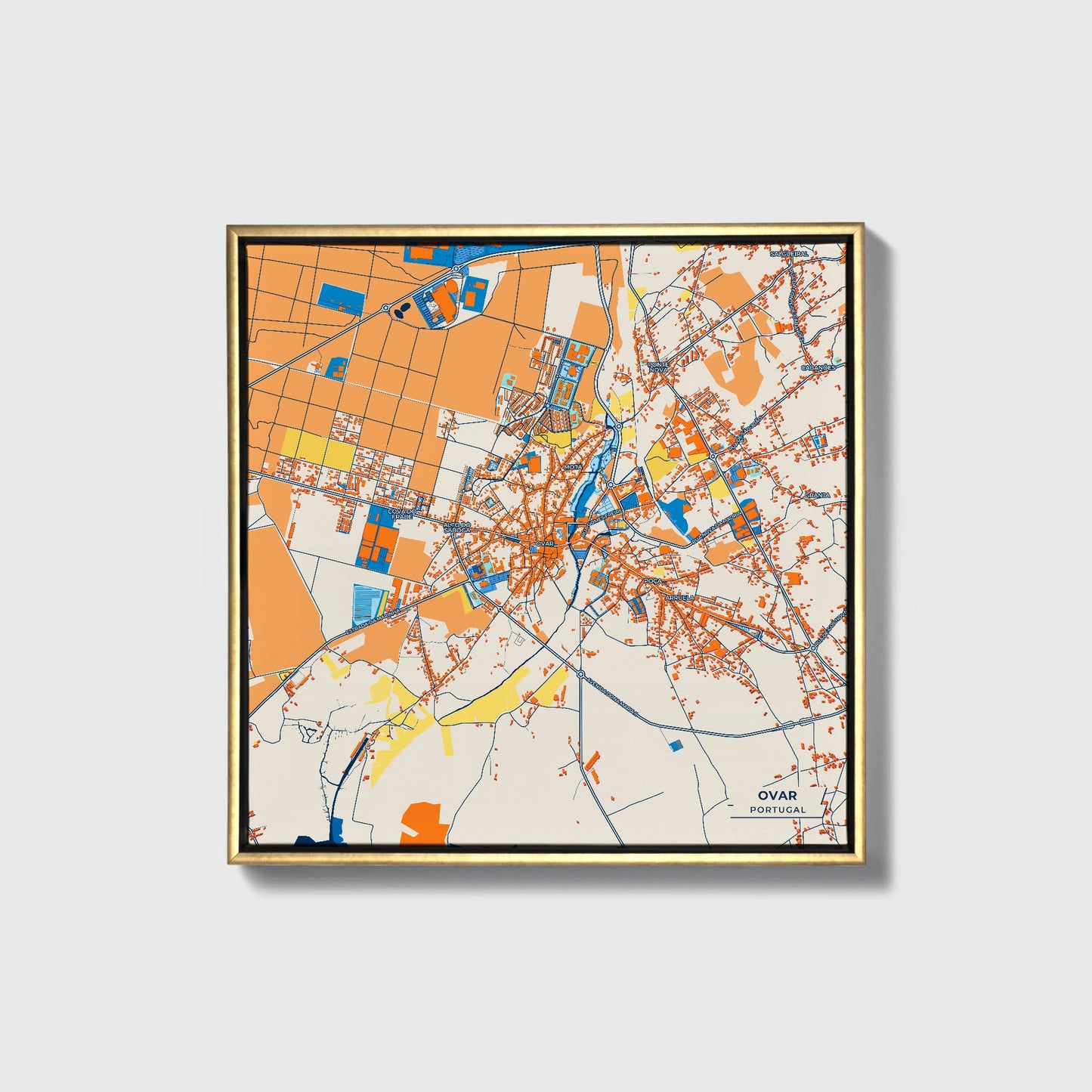 Ovar Portugal Colorful City Map Canvas Print • Gold Framed